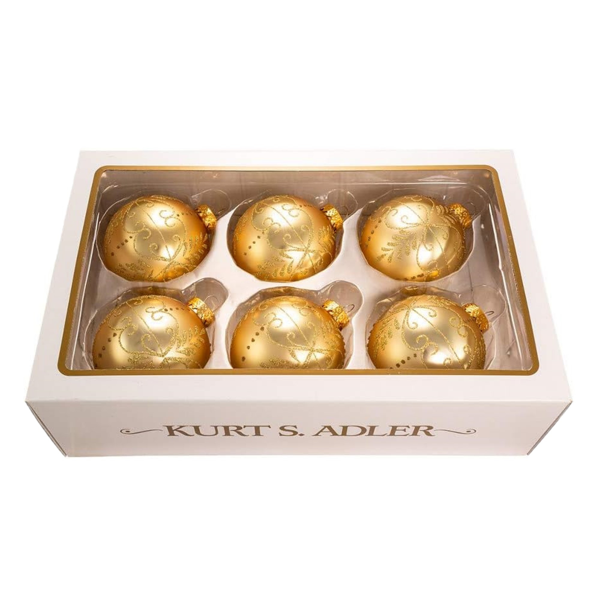 Kurt Adler Glass Ball Ornament for Christmas Tree, Gold Glitter Pattern (Pack of 6)