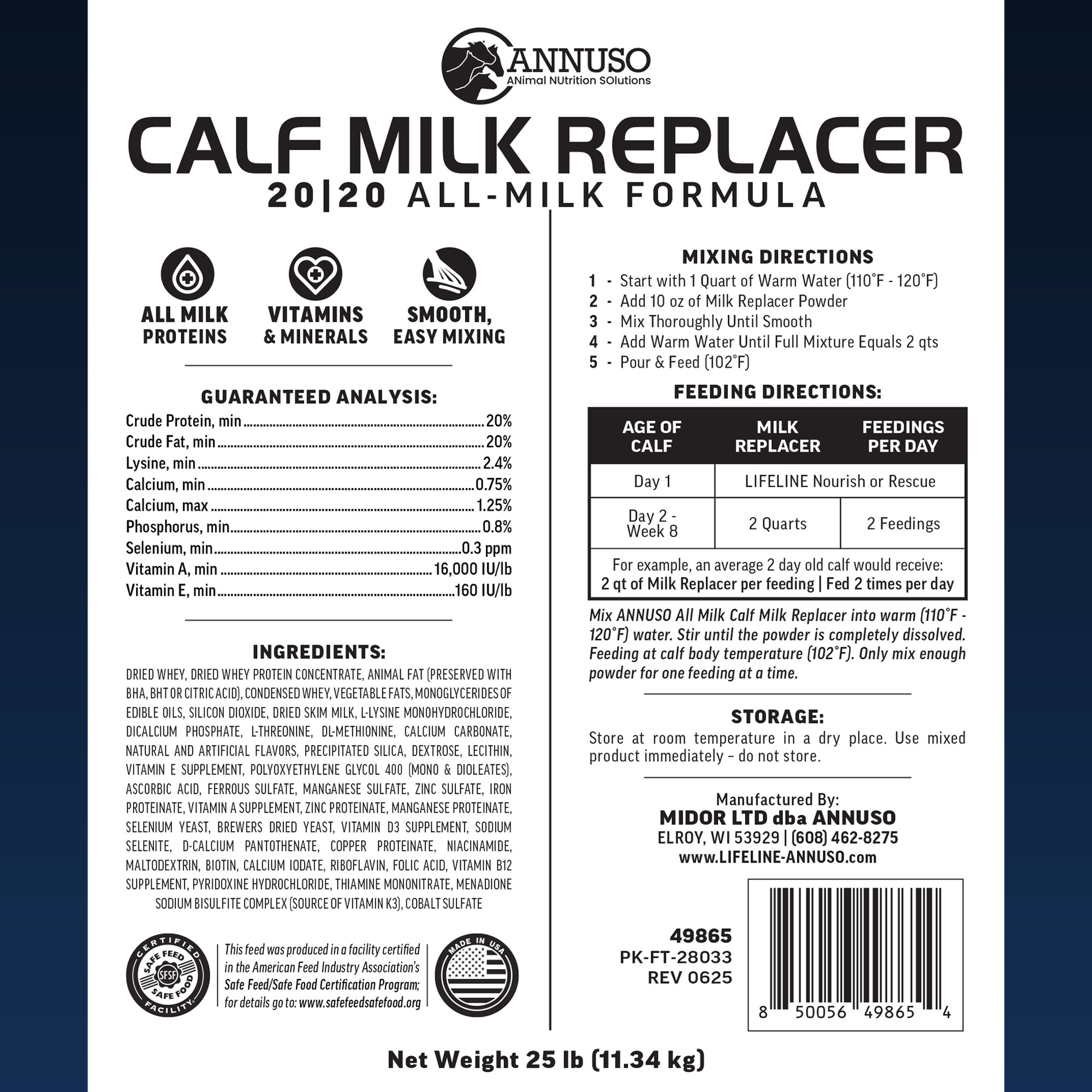 ANNUSO LIFELINE Calf Milk Replacer 20:20, 25lb Bag