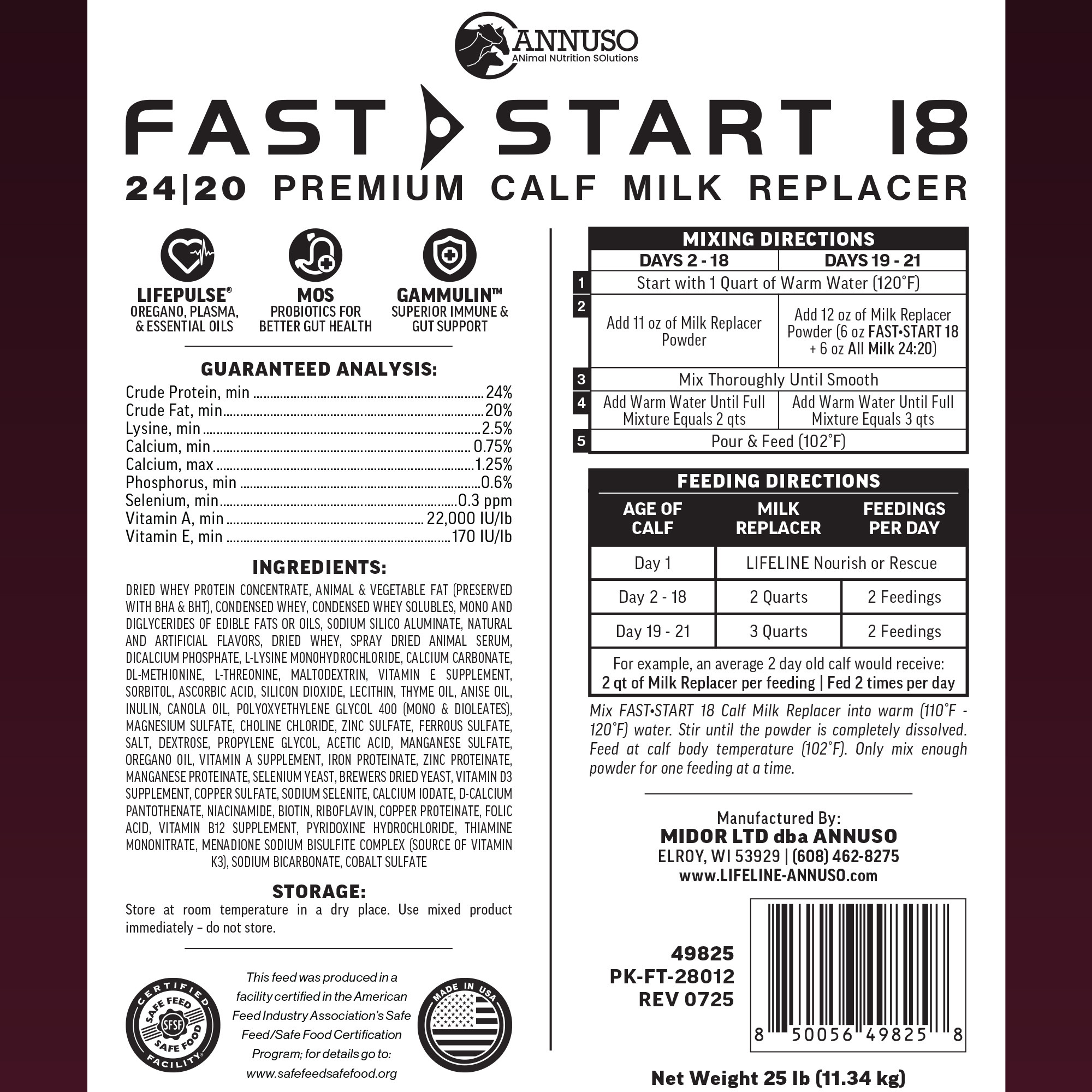 ANNUSO LIFELINE Fast Start 18 Calf Milk Replacer 24:20, 25lb Bag