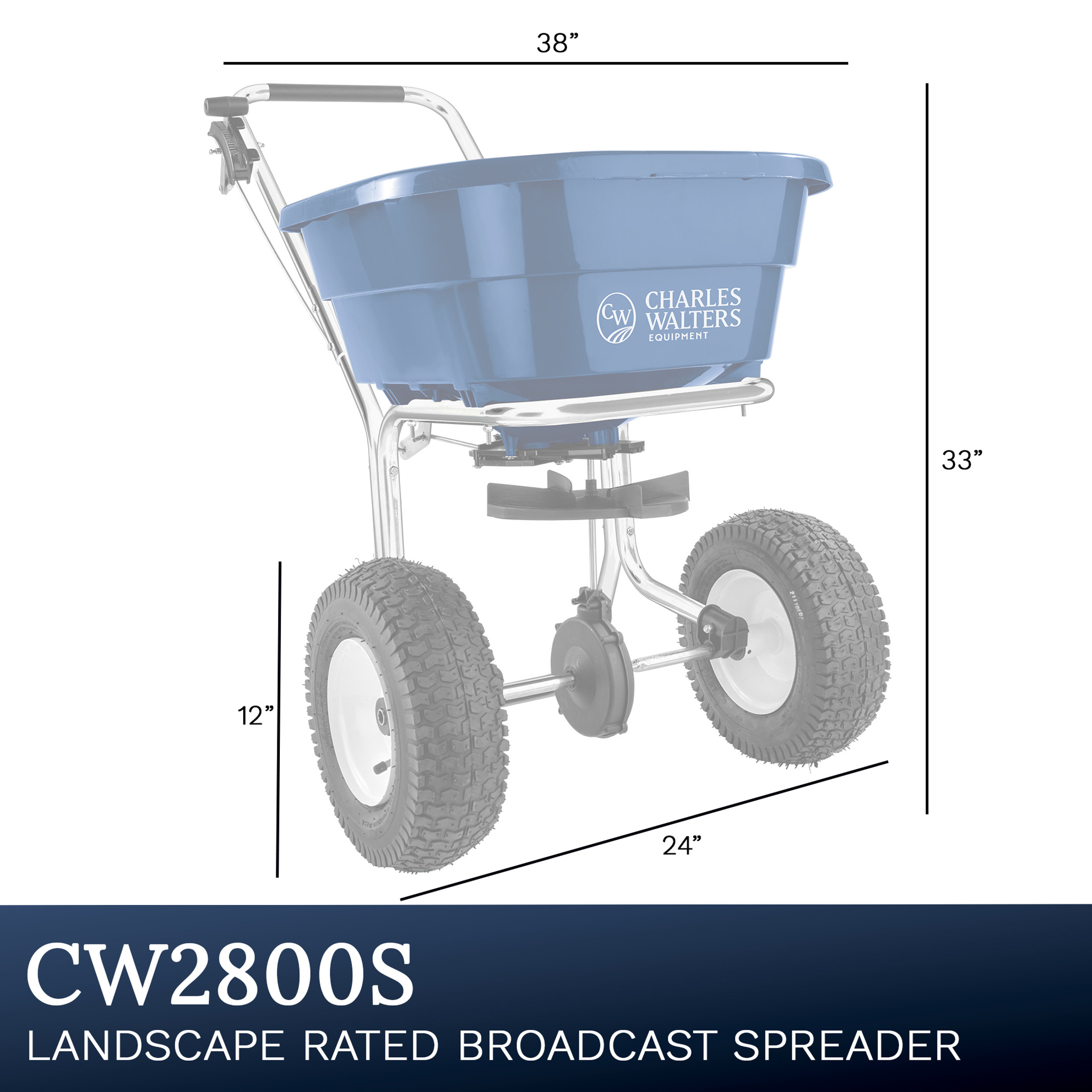 Charles Walters Equipment CW2800S Landscape Rated Broadcast Spreader with Stainless Steel Frame for Spreading Fertilizer and Ice Melt on Lawns, Walkways, and Driveways, 80lbs Capacity, 38" x 33"