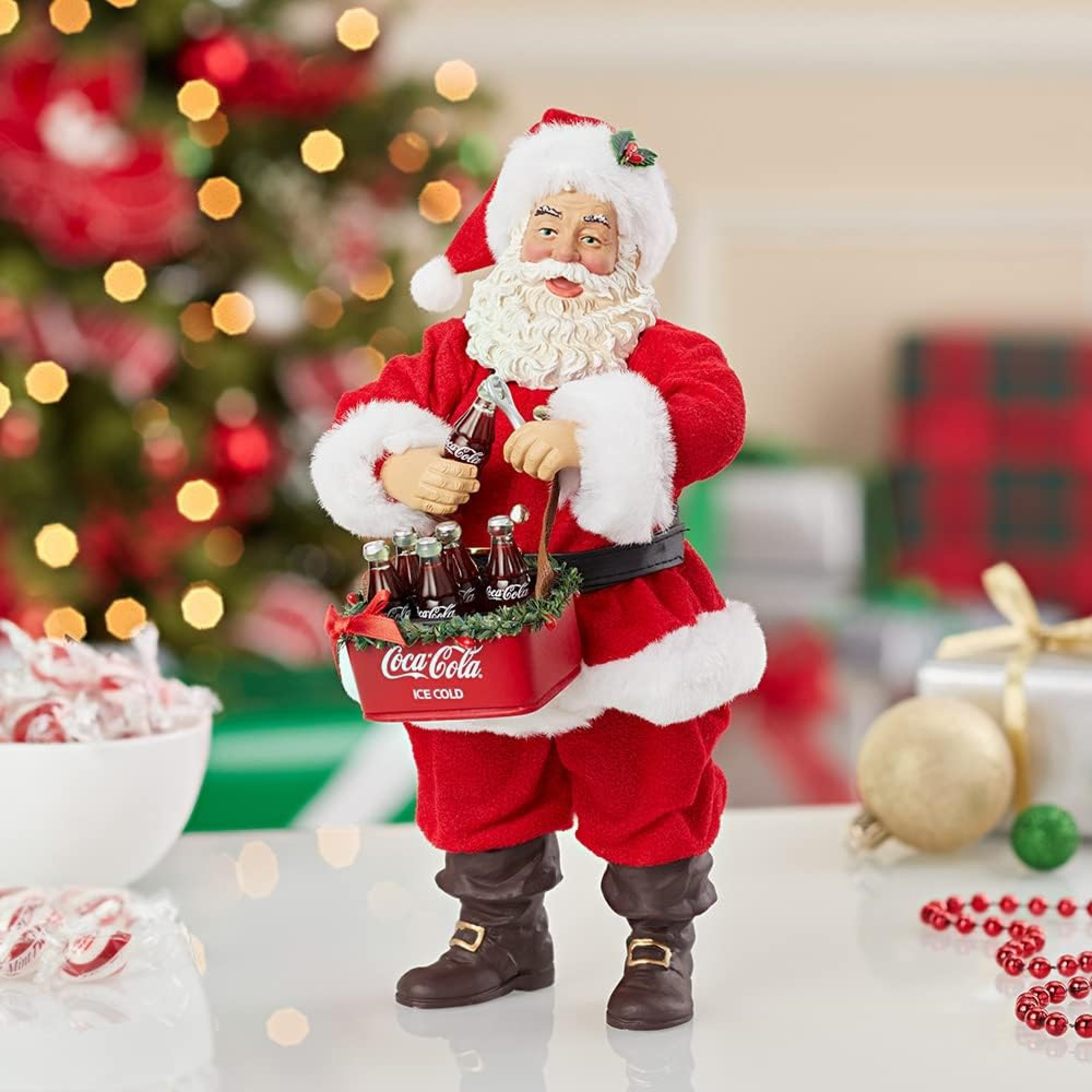 Kurt Adler Fabriche Christmas Figurine, Coca-Cola Santa Opening a Coke 10.5in