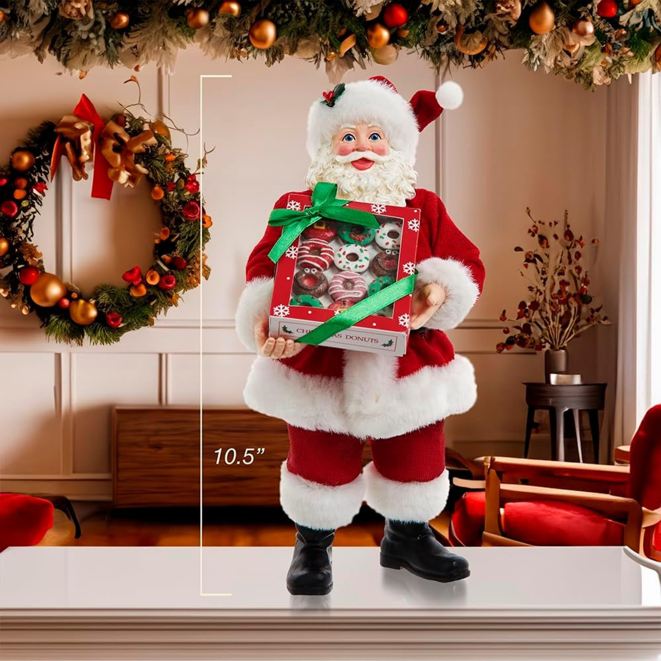 Kurt Adler Fabriche Christmas Figurine, Santa with Box of Donuts, 10.5in Kurt Adler Fabriche Christmas Figurine, Santa with Box of Donuts, 10.5in