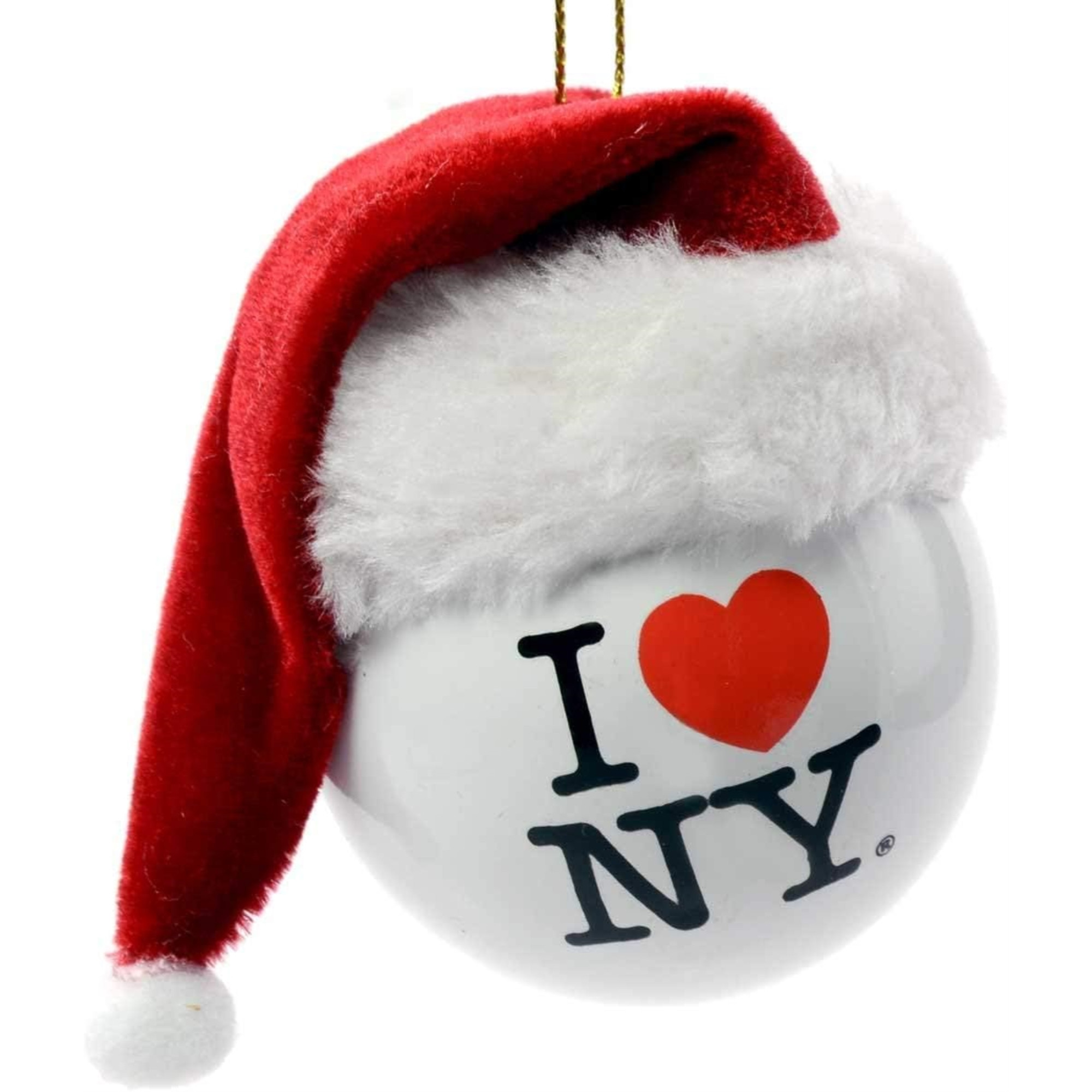 Kurt Adler Plastic Ornament for Christmas Tree, I Love NY Ball with Fabric Santa Hat, 3.5"