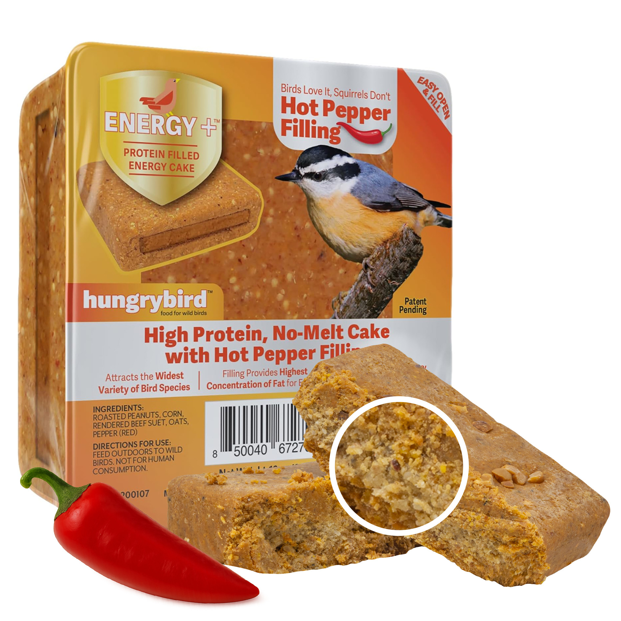 Hungrybird Energy+ No-Melt, High-Protein Suet Cake with Hot Pepper Filling for Outside Wild Bird Feeders