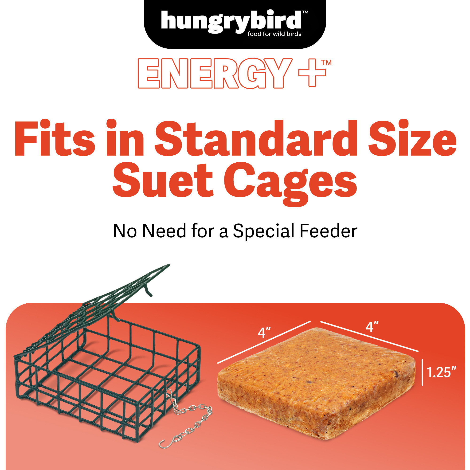 Hungrybird Energy+ No-Melt, High-Protein Suet Cake with Hot Pepper Filling for Outside Wild Bird Feeders