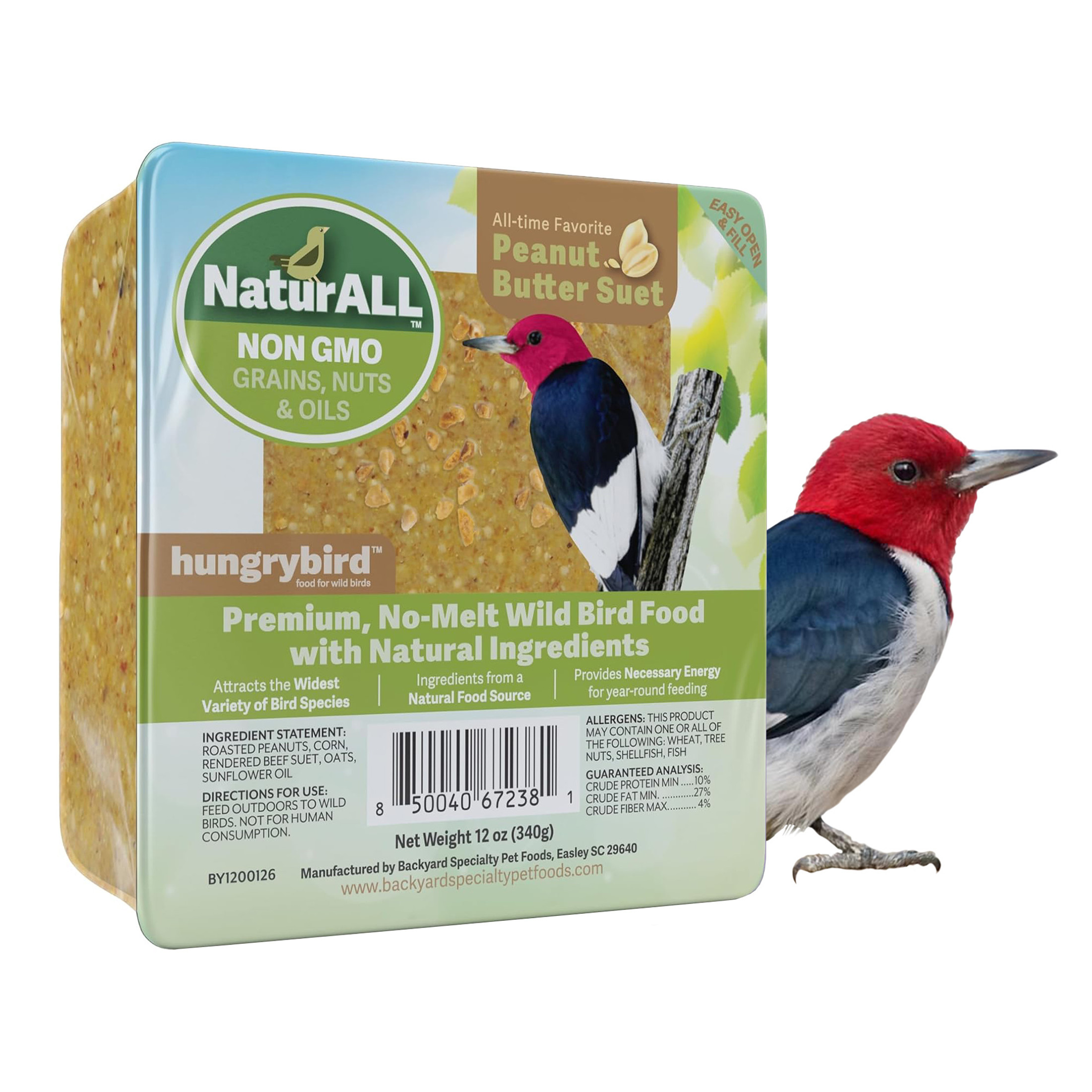 Hungrybird NaturAll Non-GMO, High-Protein Peanut Butter Suet Cake for Outside Wild Bird Feeders