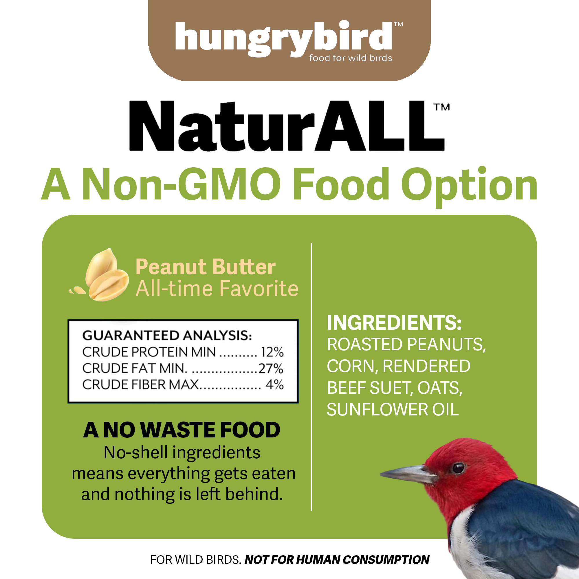 Hungrybird NaturAll Non-GMO, High-Protein Peanut Butter Suet Cake for Outside Wild Bird Feeders