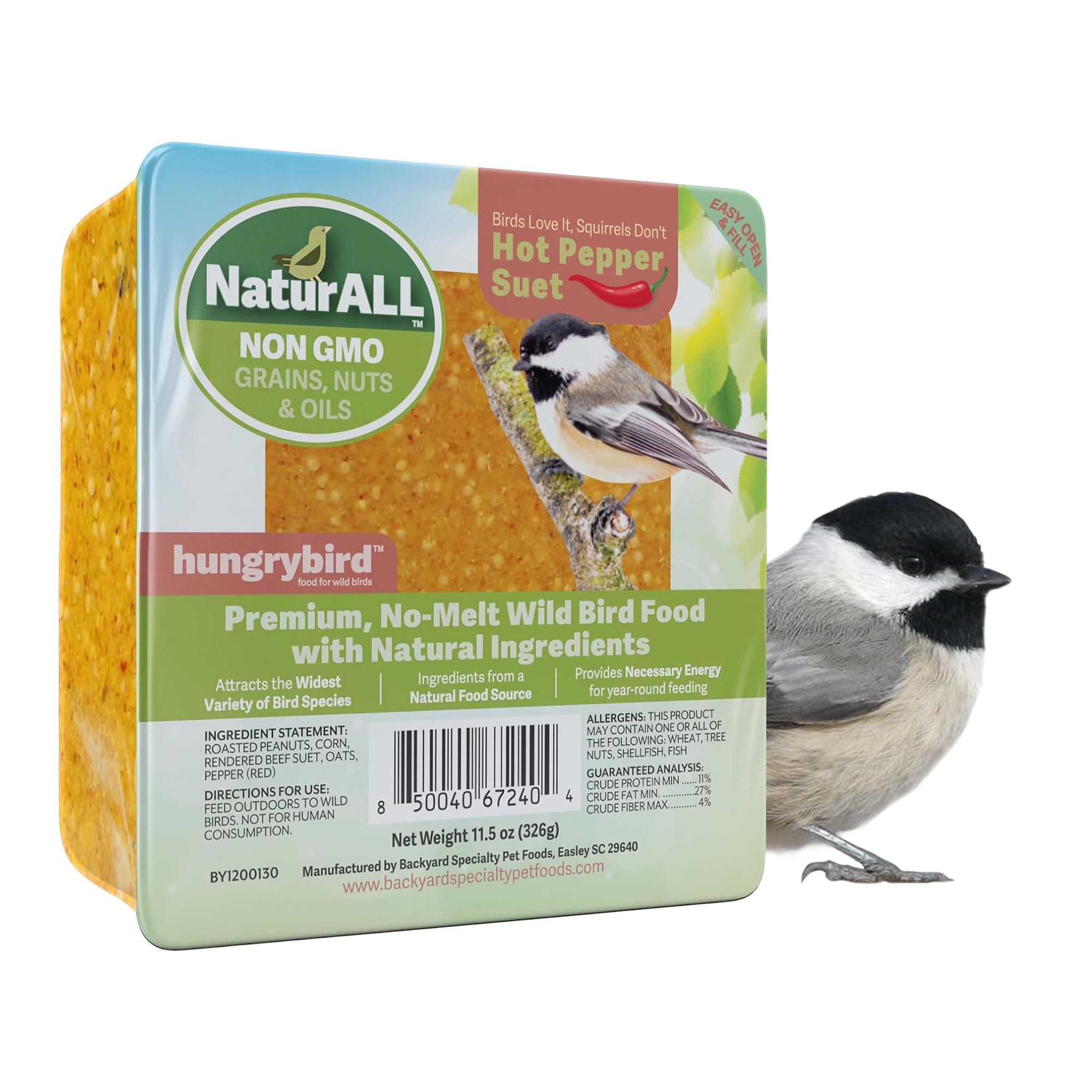 Hungrybird NaturAll Non-GMO, High-Protein Hot Pepper Suet Cake for Ouside Wild Bird Feeders