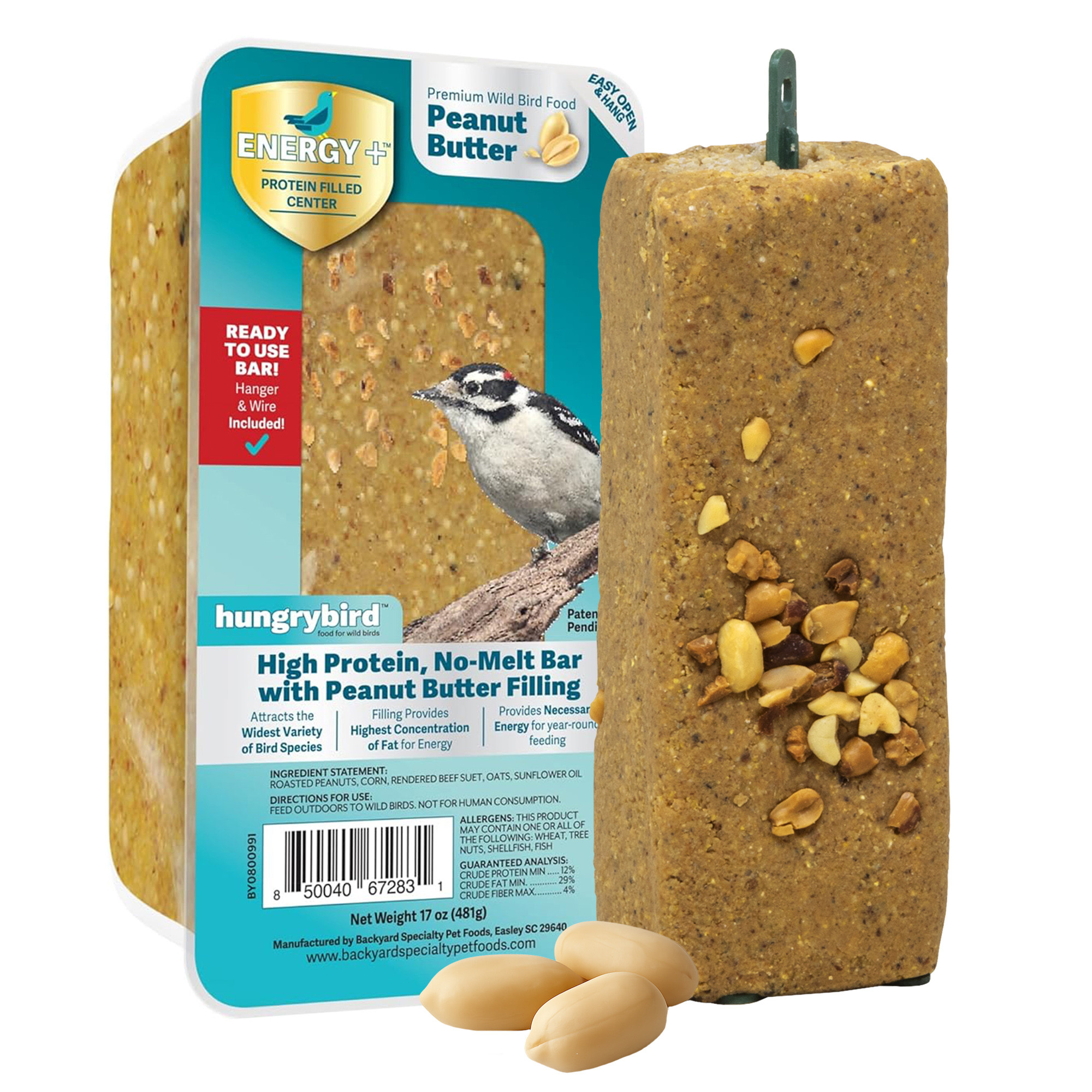 Hungrybird Energy+ High-Protein Suet Bar with Peanut Butter Filling for Outside Wild Birds