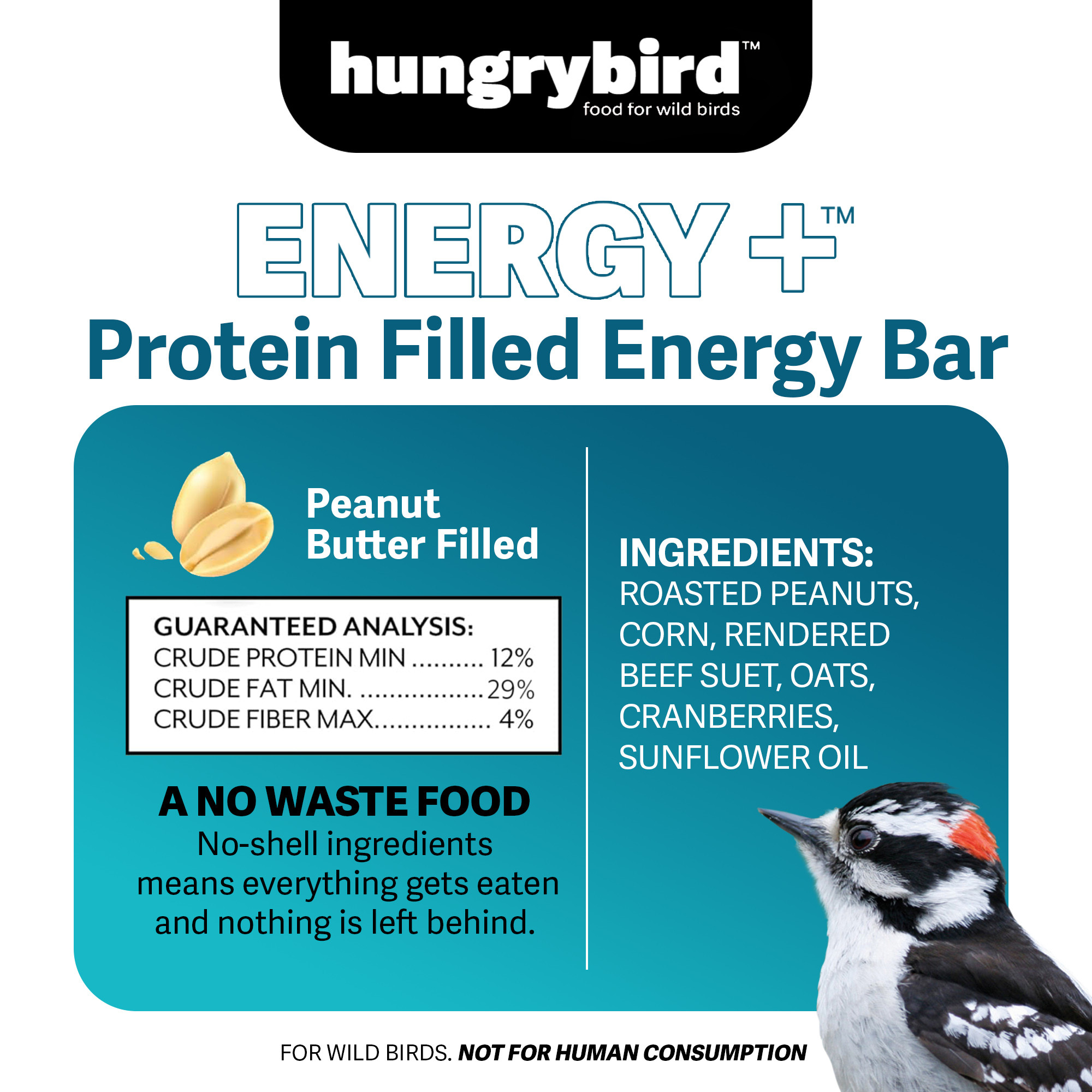 Hungrybird Energy+ High-Protein Suet Bar with Peanut Butter Filling for Outside Wild Birds