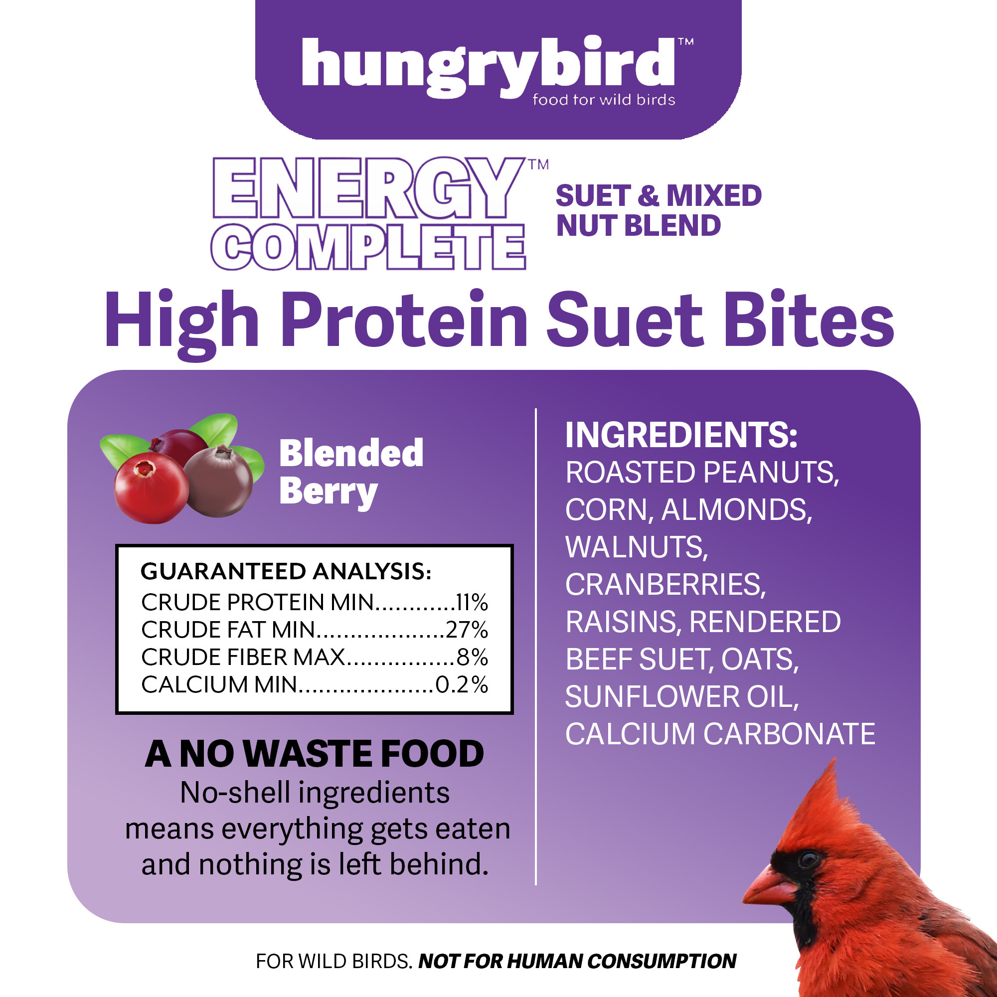 Hungrybird Energy Complete Diet, 7lb - All-Season Blended Berry Suet & Mixed Nut Blend for Wild Birds