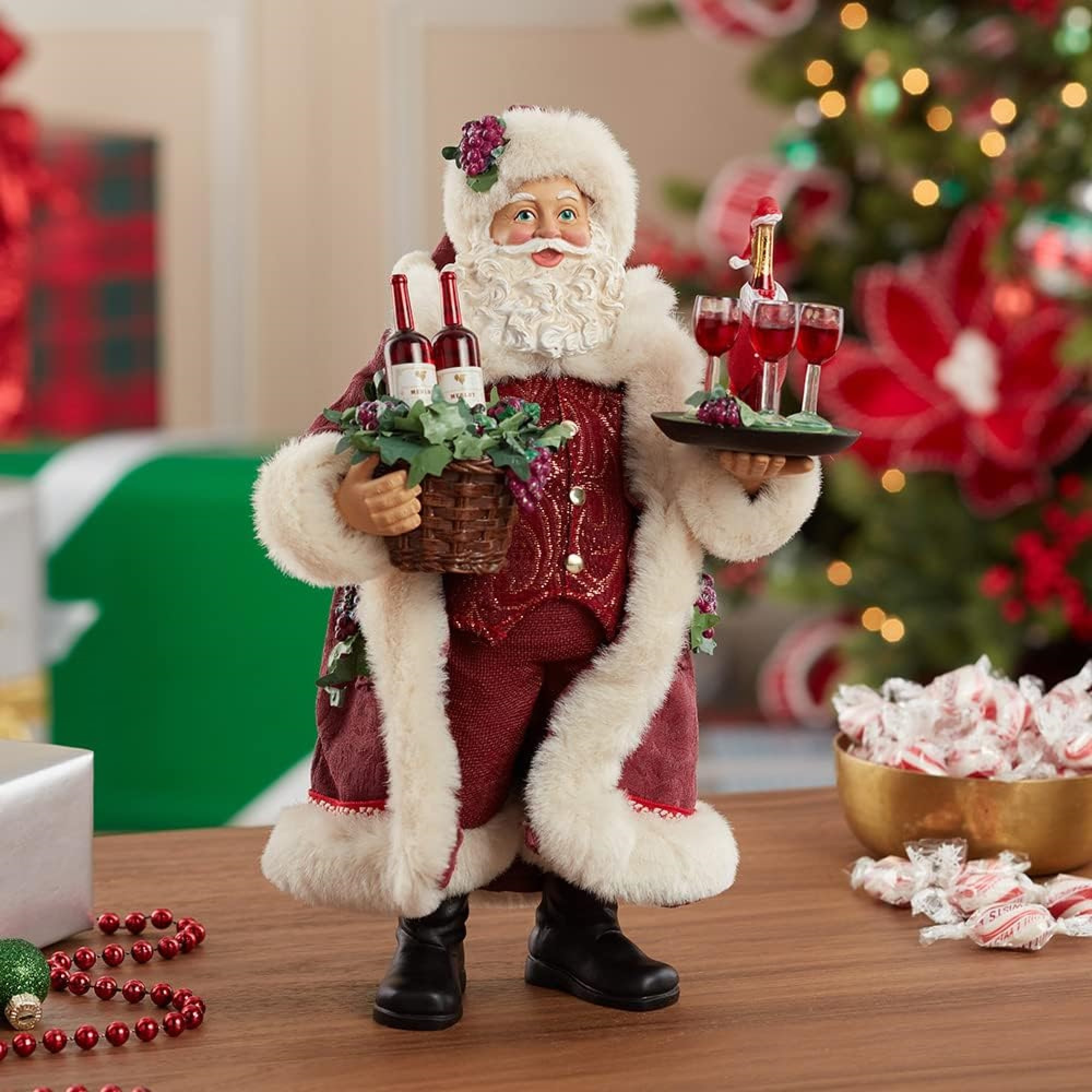 Kurt Adler Fabriche Christmas Figurine, Santa Holding Wine, 11.5in