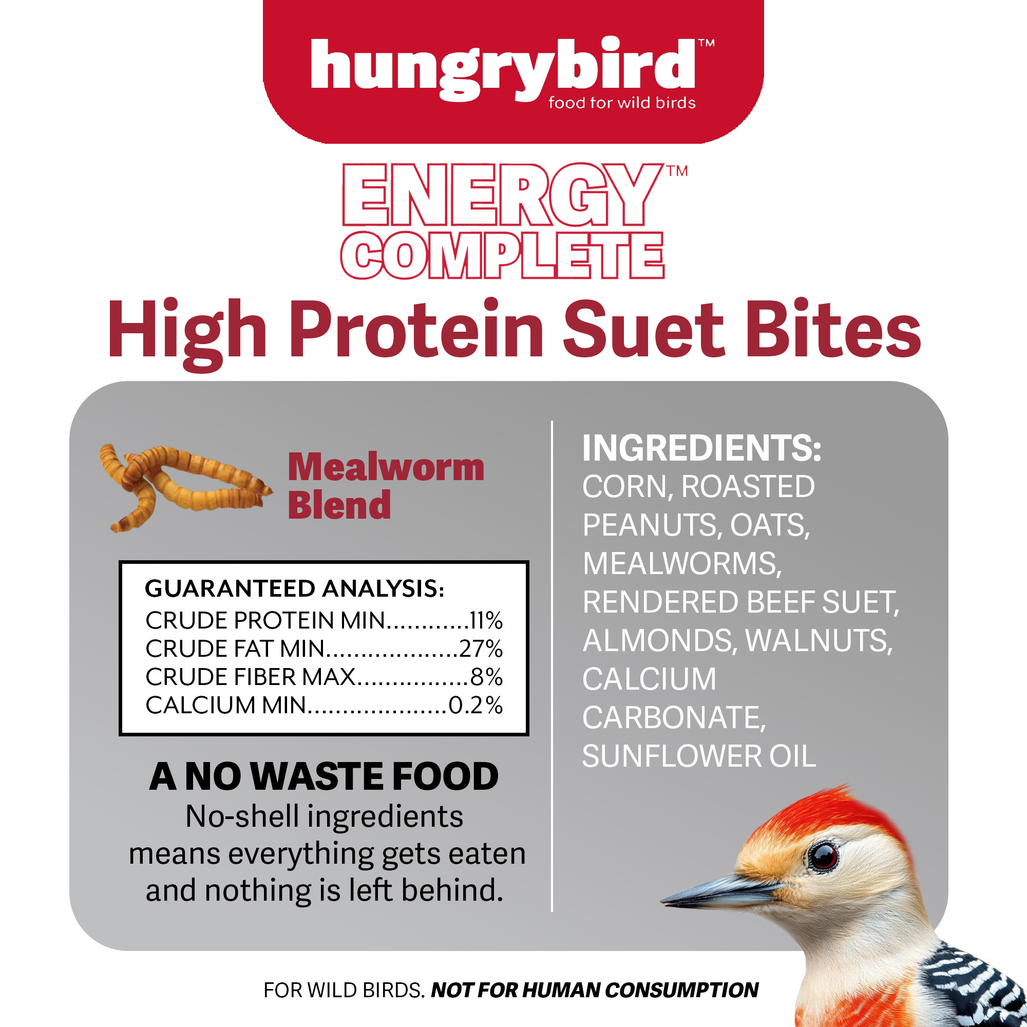 Hungrybird Energy Complete, 3lb - High-Protein Mealworm Suet Bites for Outside Wild Birds