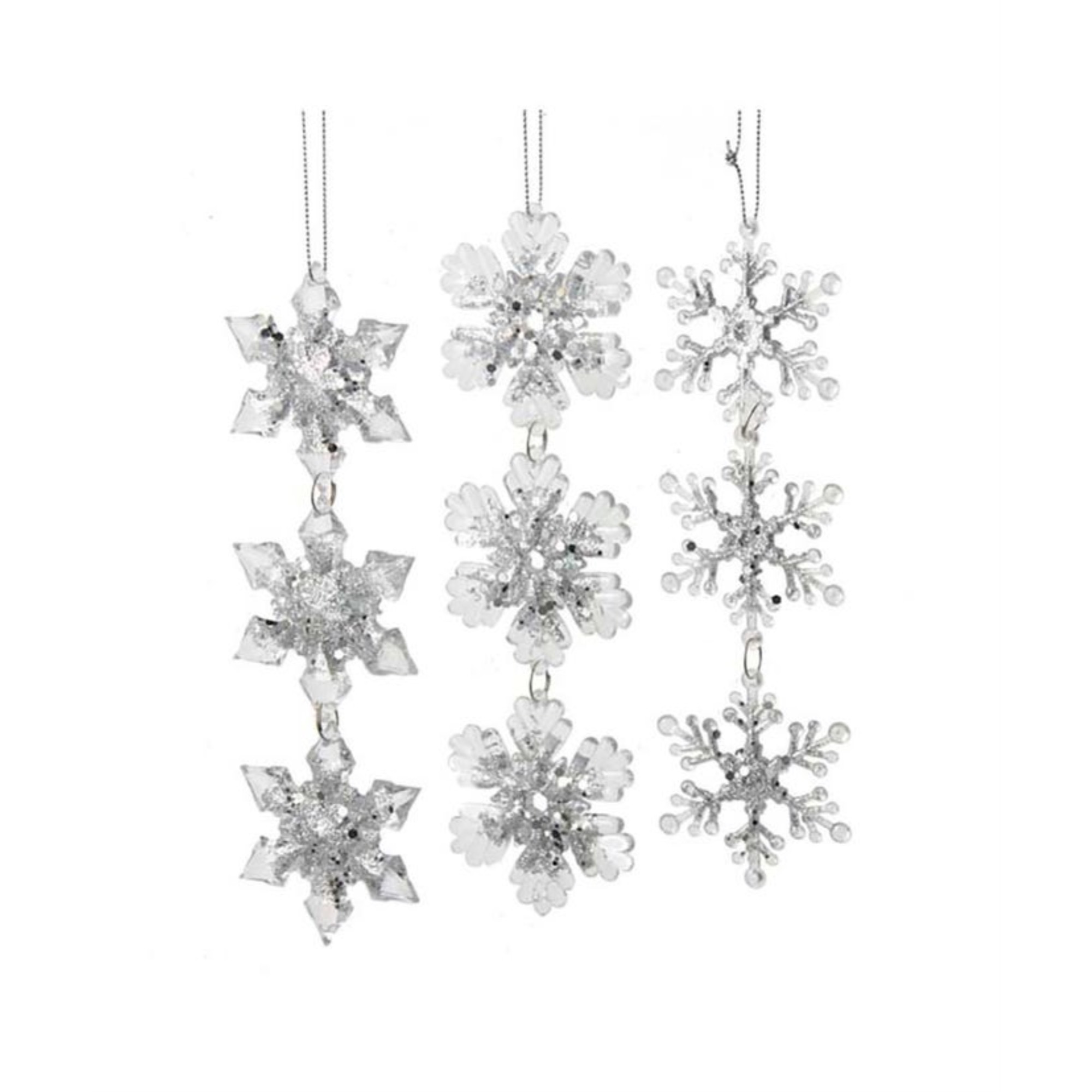 Kurt Adler Acrylic Ornaments for Christmas Tree, Ice Silver & Clear Snowflakes, Assorted (Pack of 3)