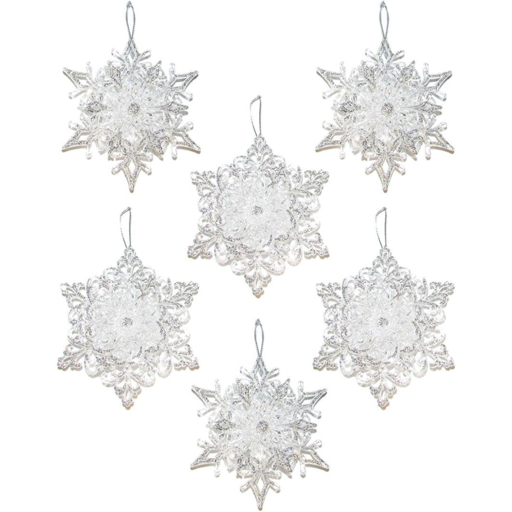 Kurt Adler Plastic Ornaments for Christmas Tree, Snowflakes, Silver Glitter, Assorted (Pack of 6)