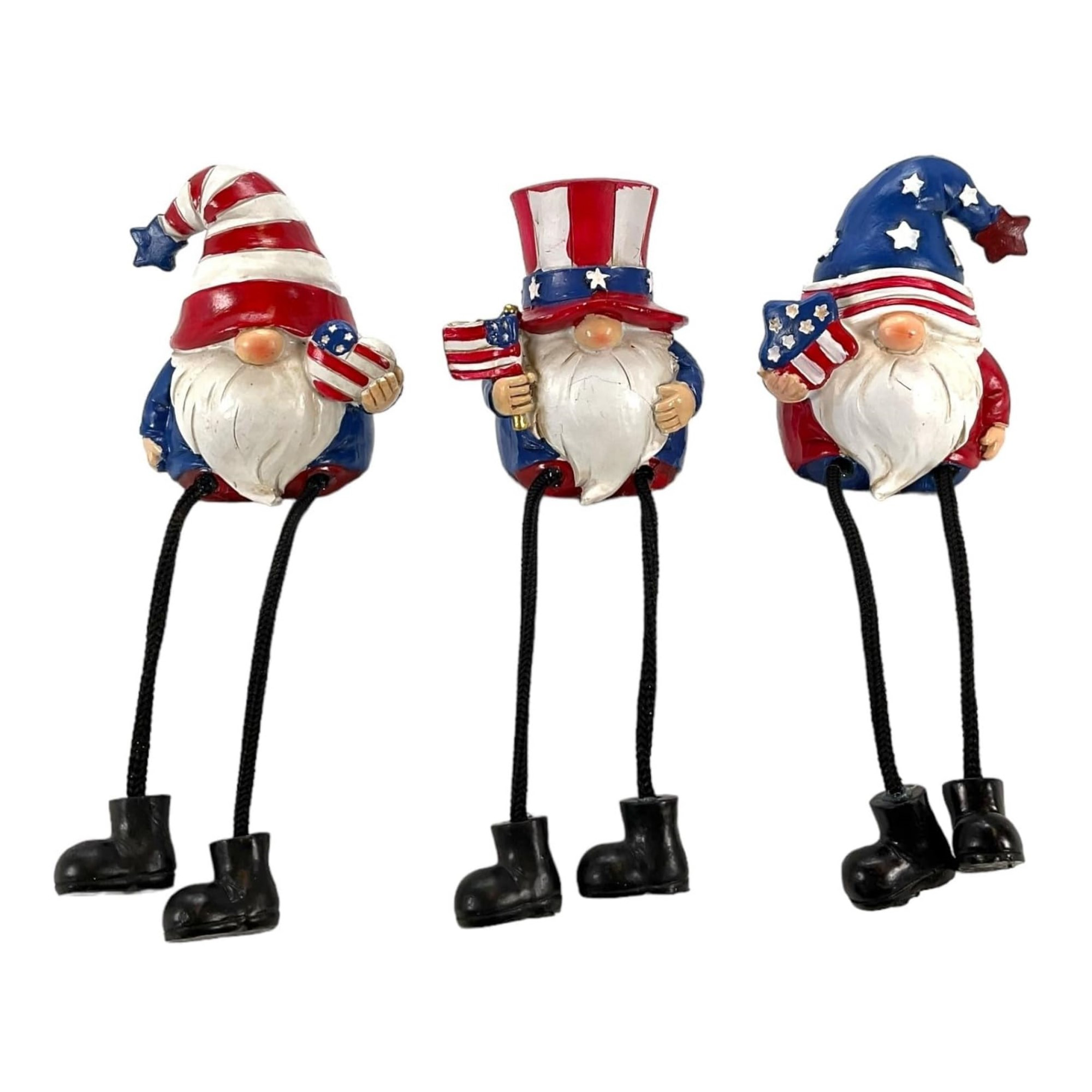 Gerson Resin Shelf Sitter Figurines, Assorted American Gnomes with Dangly Legs (Pack of 3)