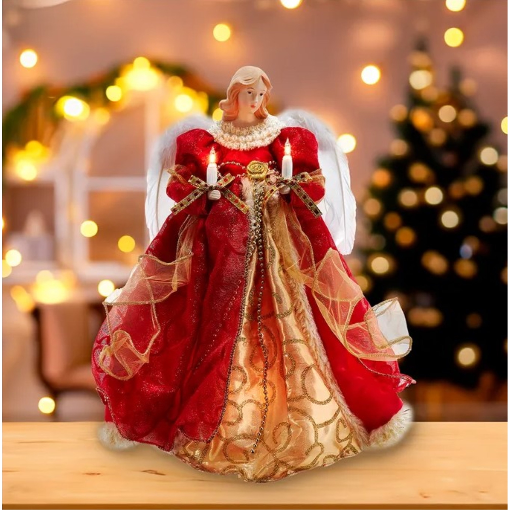 Kurt Adler UL 10 Light Christmas Tree Topper, Angel, Red & Gold, 14in