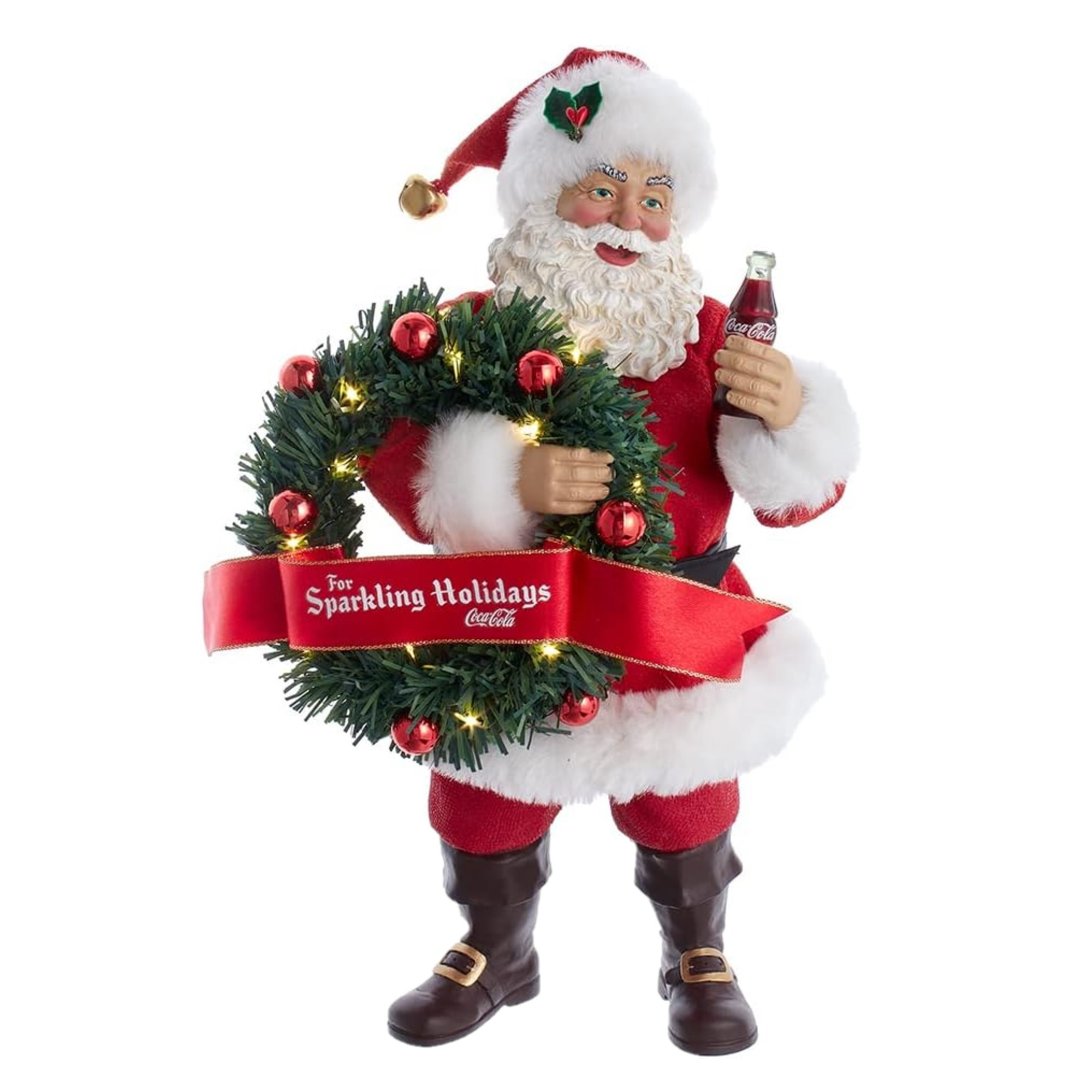 Kurt Adler Battery-Operated Fabriche Table Figurine, Coca-Cola Santa with Lighted Wreath, 10.5"