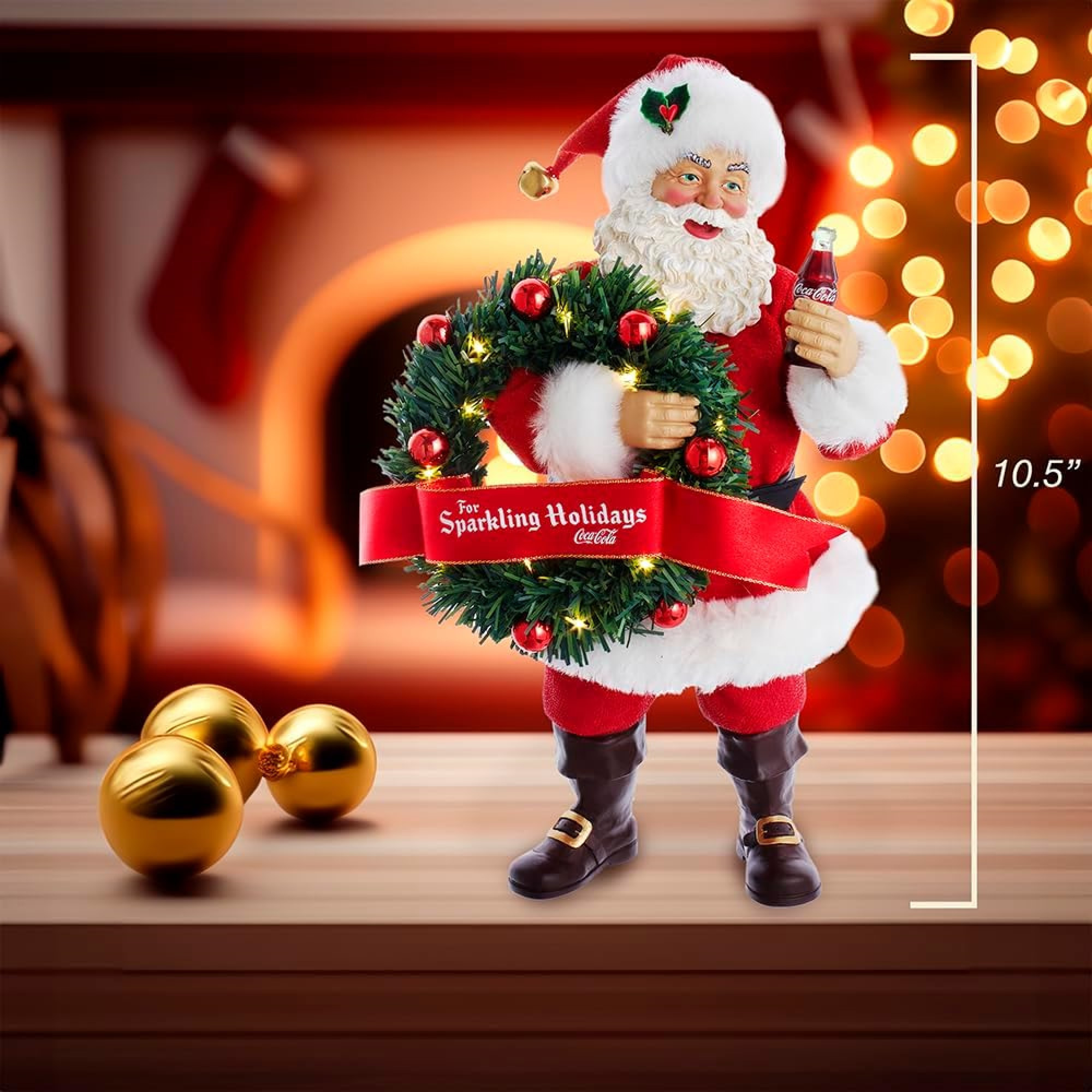Kurt Adler Battery-Operated Fabriche Table Figurine, Coca-Cola Santa with Lighted Wreath, 10.5"
