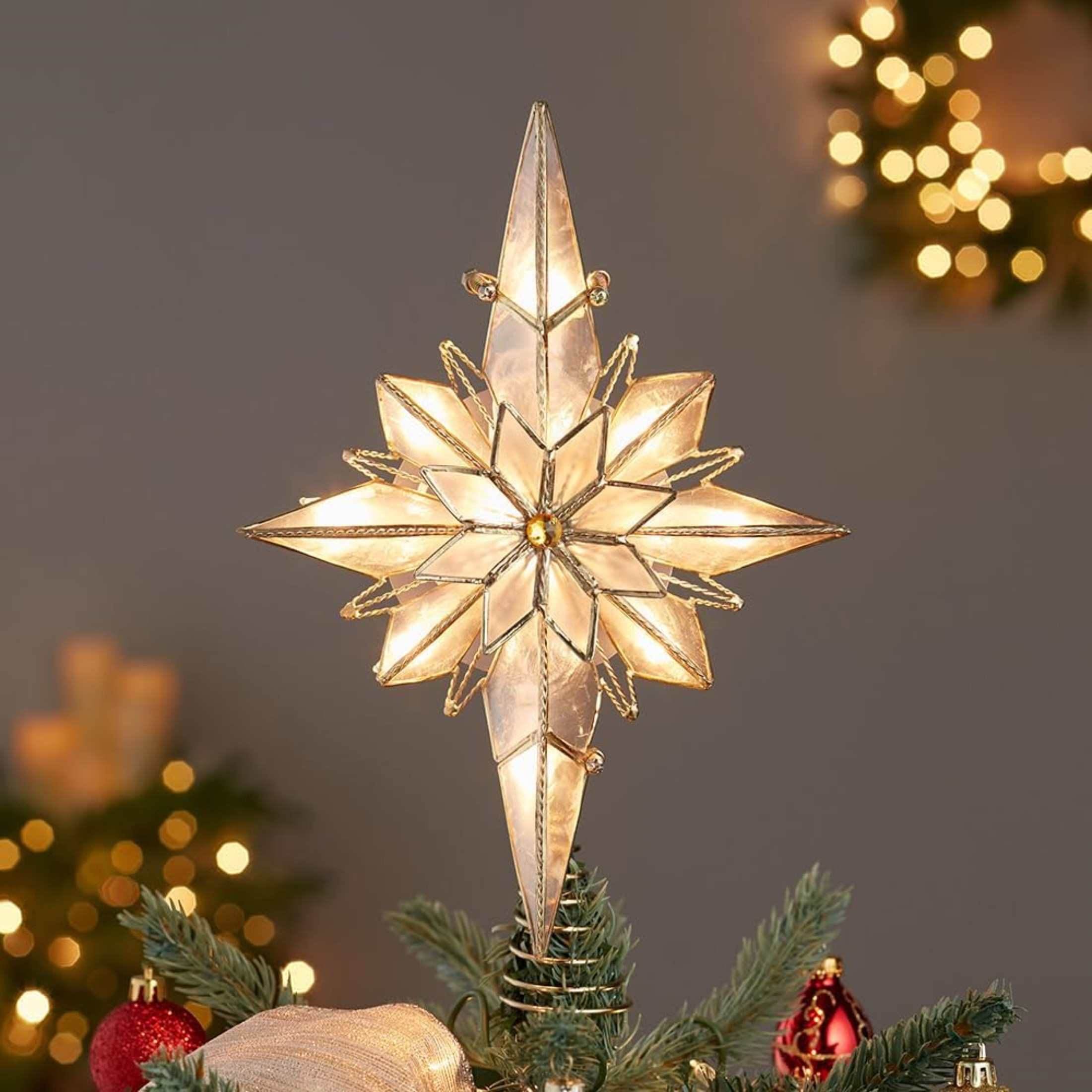 Kurt Adler 10-Light Capiz 8-Point Bethlehem Treetop Star, 10.5”