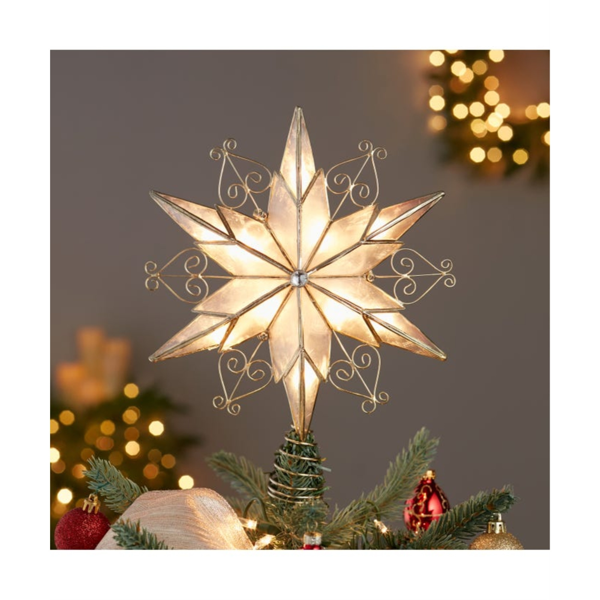 Kurt Adler 10-Light Brass-Plated 6-Point Capiz Star Tree Topper, Scroll Design, 9”