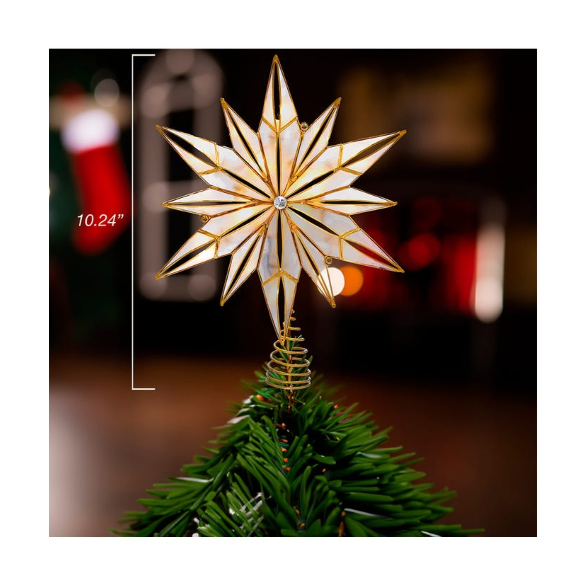 Kurt Adler 10-Light Brass Plated Capiz Star Treetopper with Center Gem, 12-Point, 10.25”
