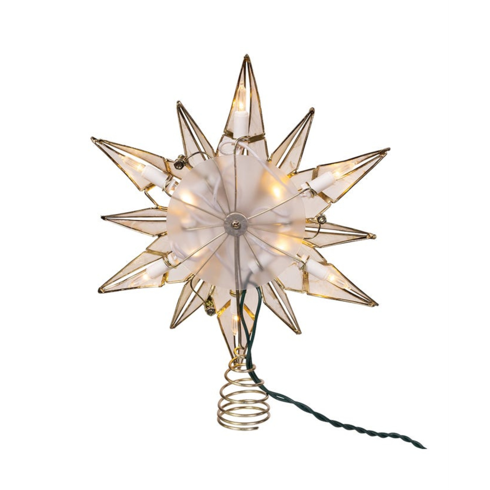 Kurt Adler 10-Light Brass Plated Capiz Star Treetopper with Center Gem, 12-Point, 10.25”