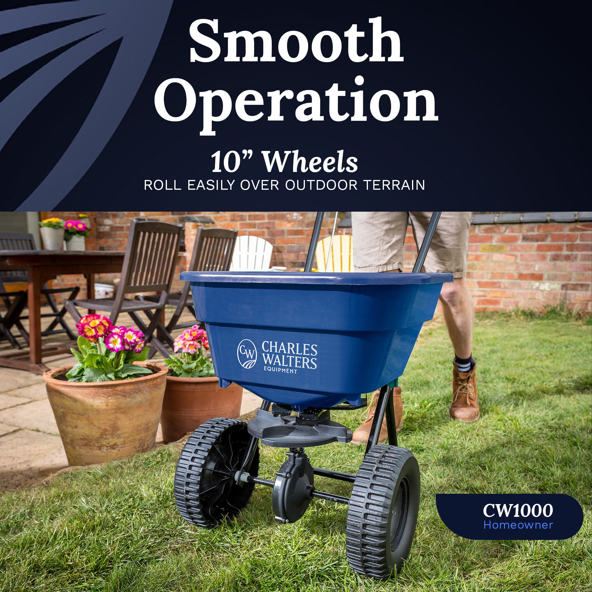 Charles Walters Equipment Broadcast Spreader for Spreading Fertilizer and Ice Melt on Lawns, Sidewalks, and Driveways, 65lb Capacity