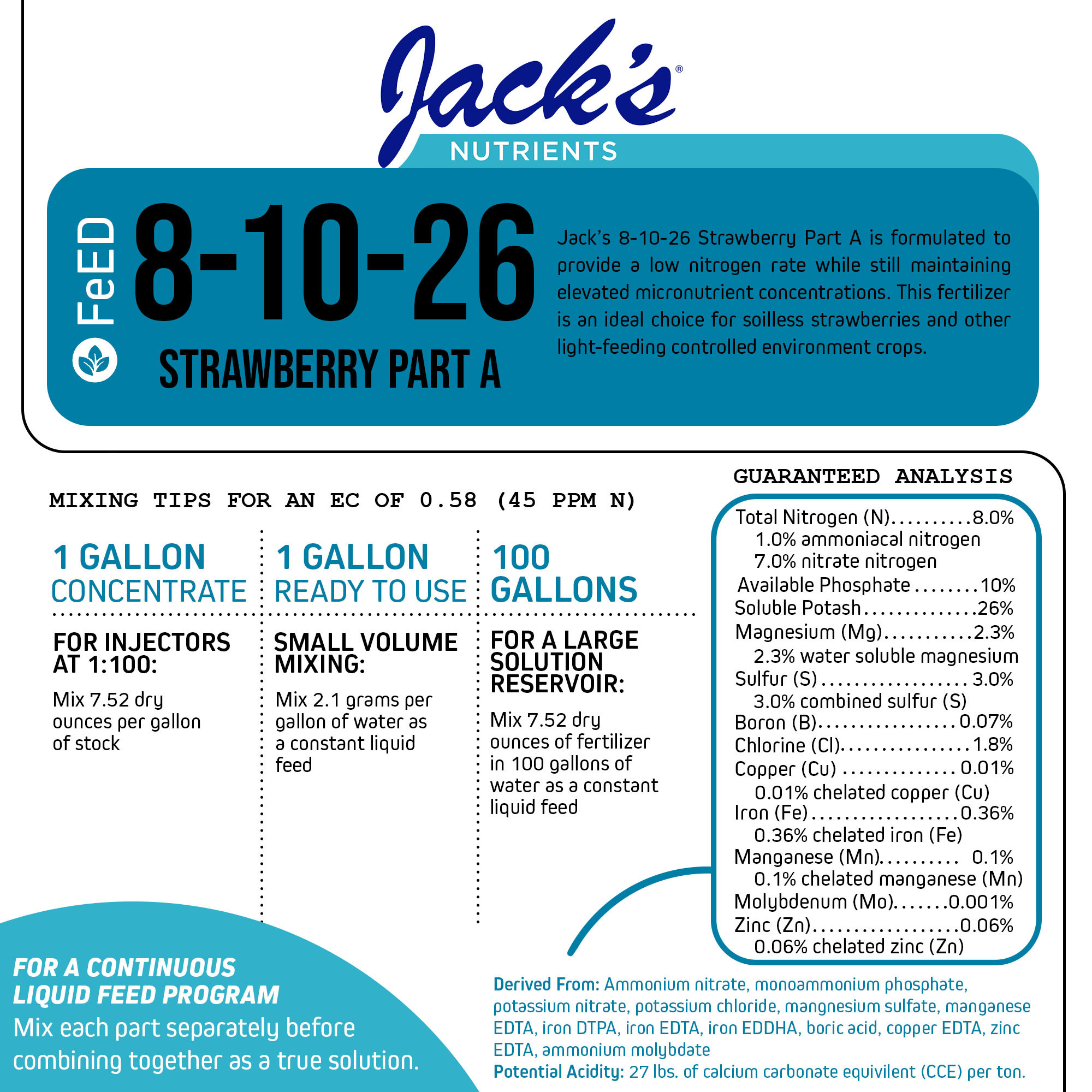 Jack's Nutrients 8-10-26 Strawberry Part A Water-Soluble Fertilizer for Strawberry Fruit Production in Continuous Liquid Feed Program, 2.2lbs