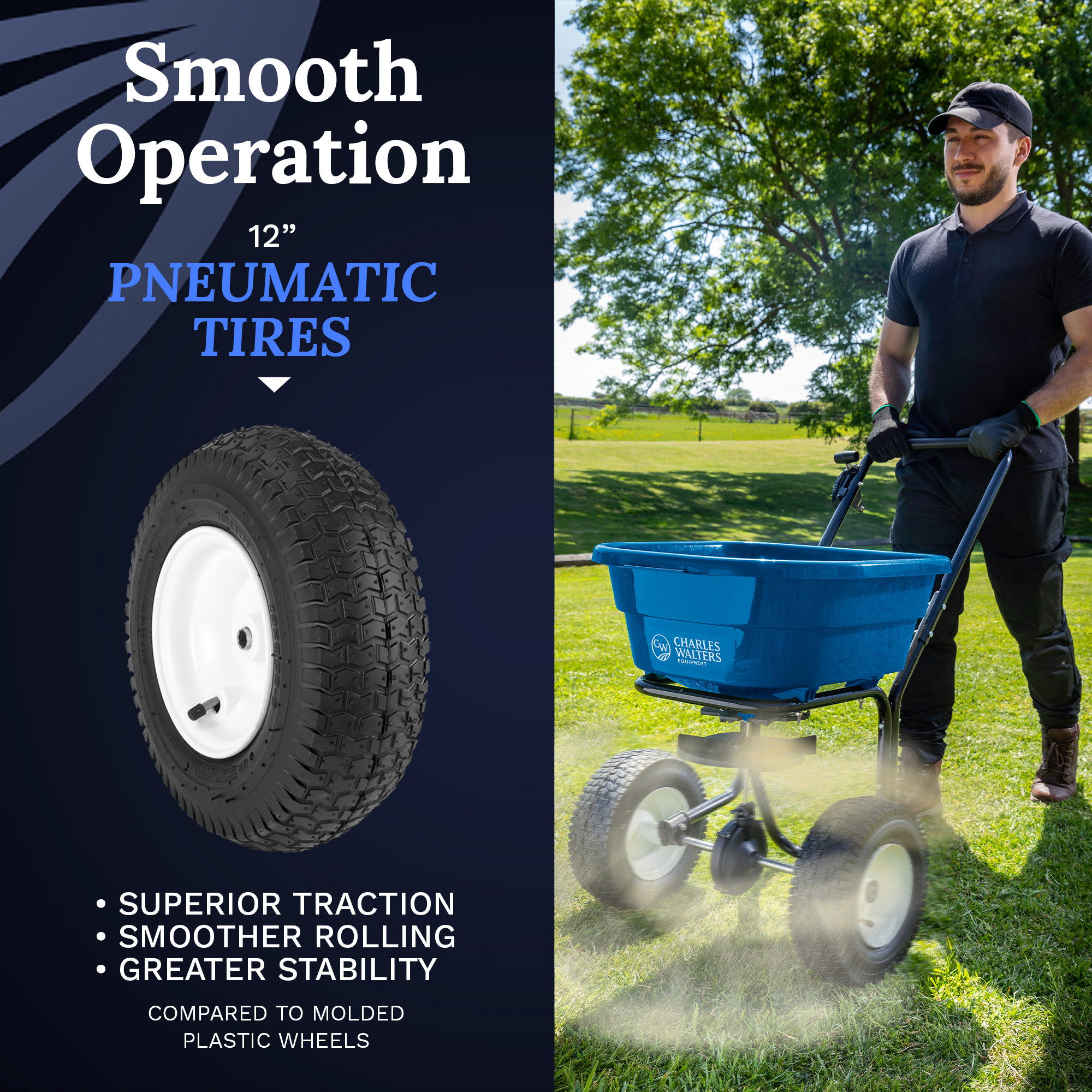 Charles Walters Equipment Broadcast Spreader with Steel Frame for Spreading Fertilizer and Ice Melt on Lawns, Walkways, and Driveways, 80lbs Capacity