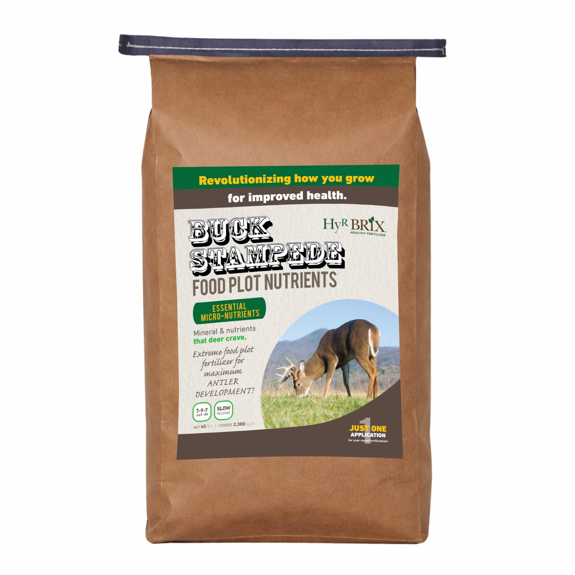HyR BRIX Slow-Release Buck Stampede Food Plot 7-9-7 Fertilizer, 45lb Bag (Covers 2,300 Sq Ft)