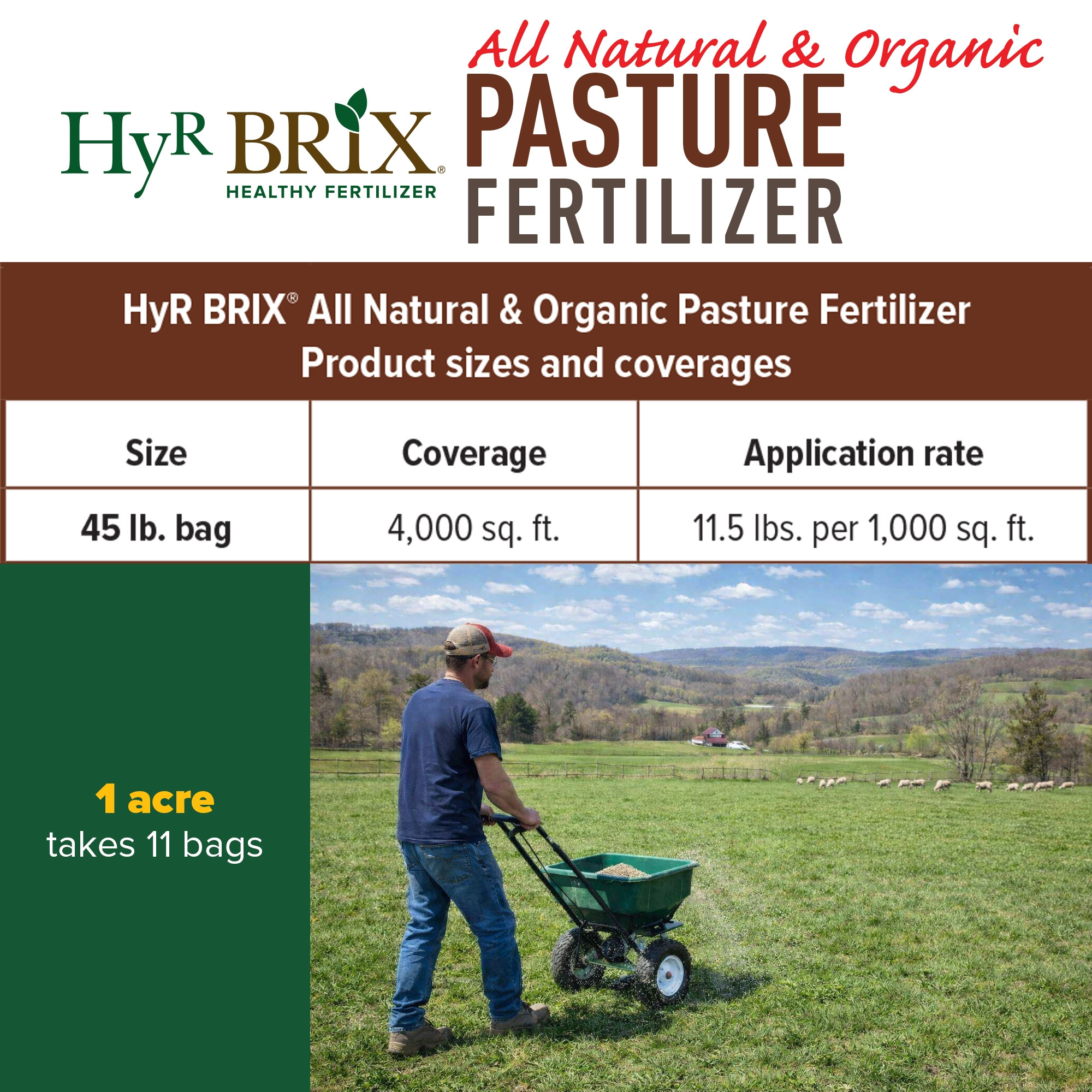 HyR BRIX All Natural & Organic 2-1-8 Pasture Fertilizer, 45lb Bag (Covers 4,000 Sq Ft)