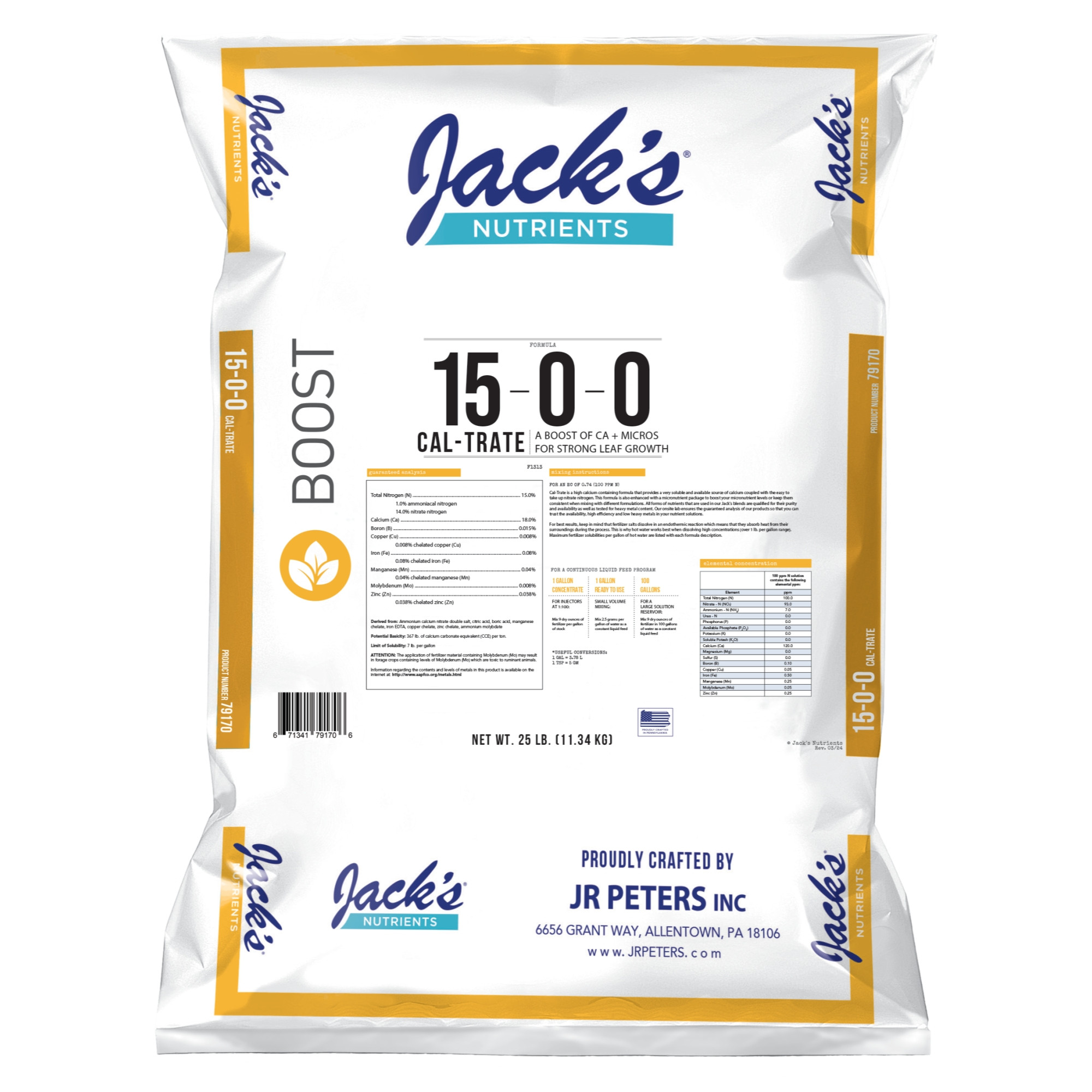 Jack’s Nutrients 15-0-0 Cal-Trate Water-Soluble Fertilizer, 25lbs