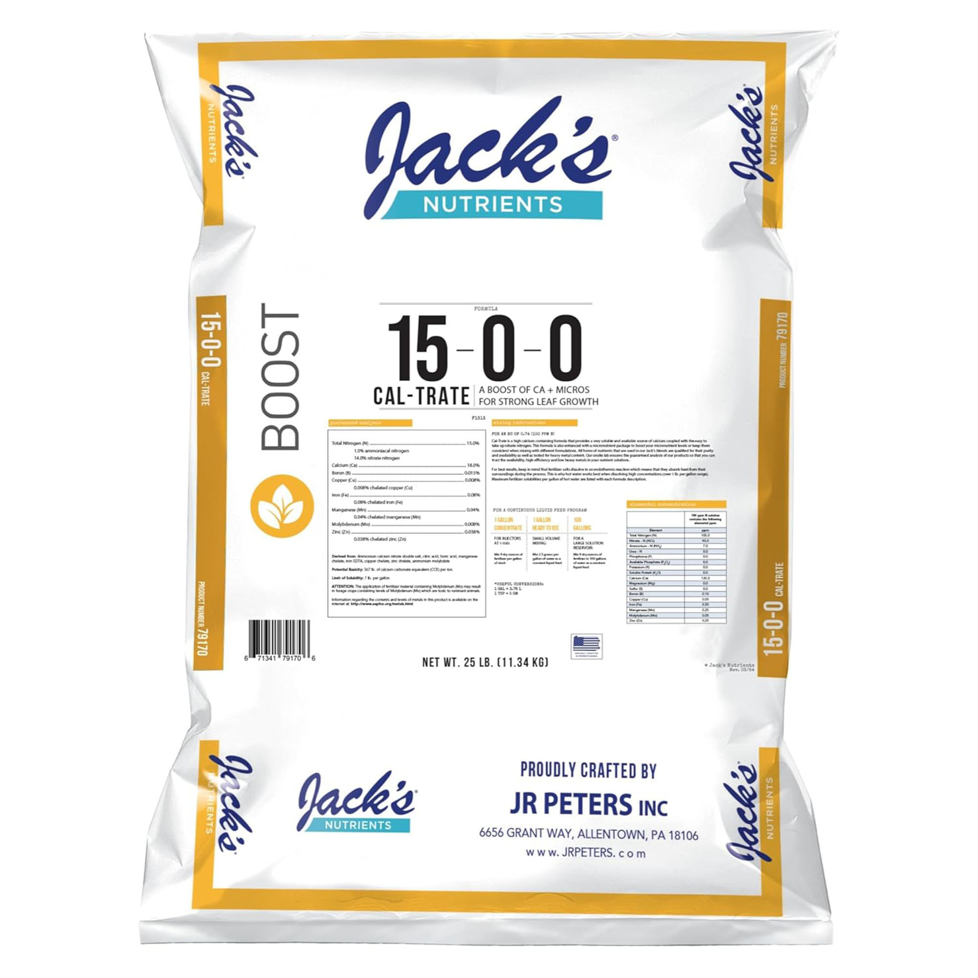 Jack’s Nutrients 15-0-0 Cal-Trate Water-Soluble Fertilizer, 25lbs