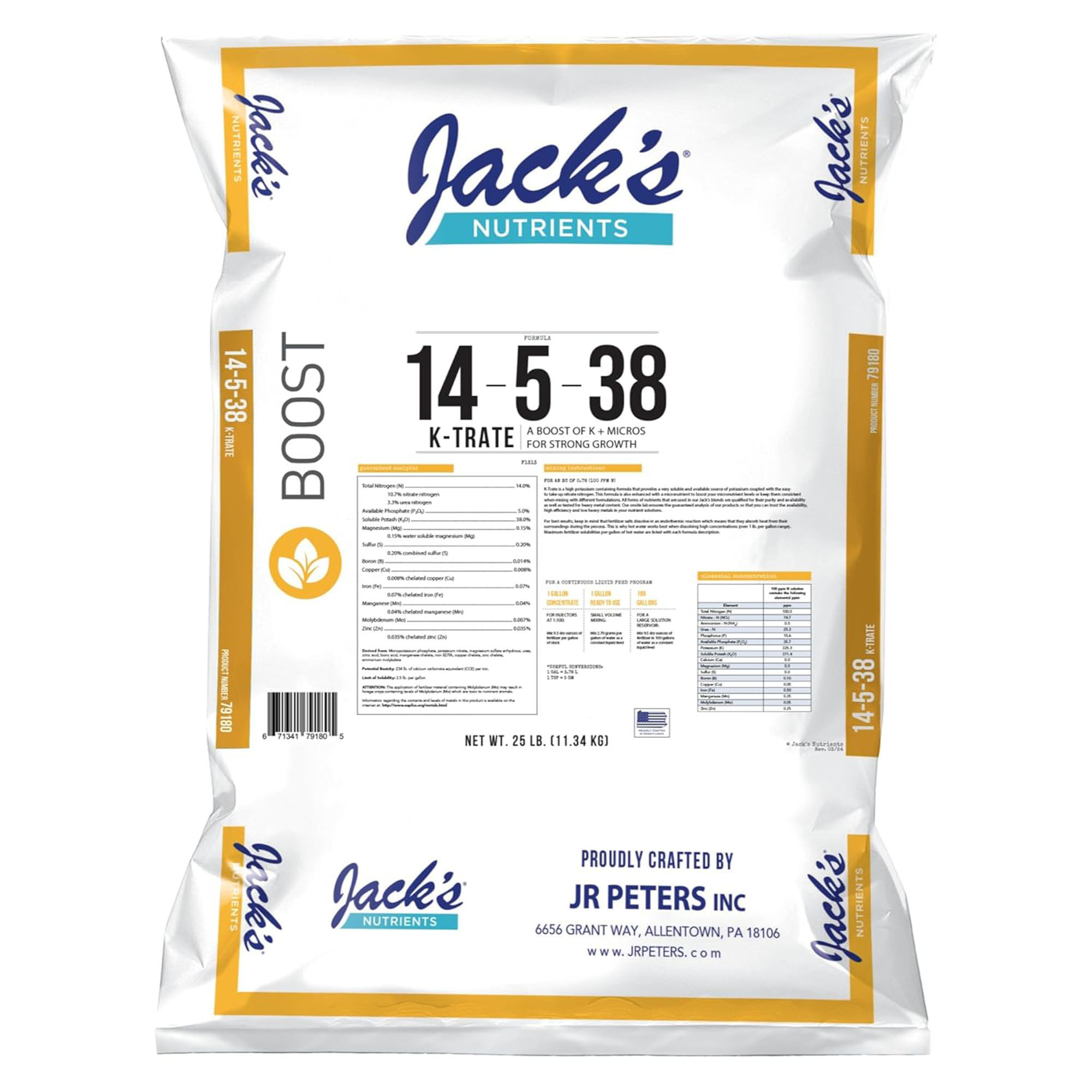 Jack’s Nutrients 14-5-38 K-Trate Water-Soluble Fertilizer, 25lbs
