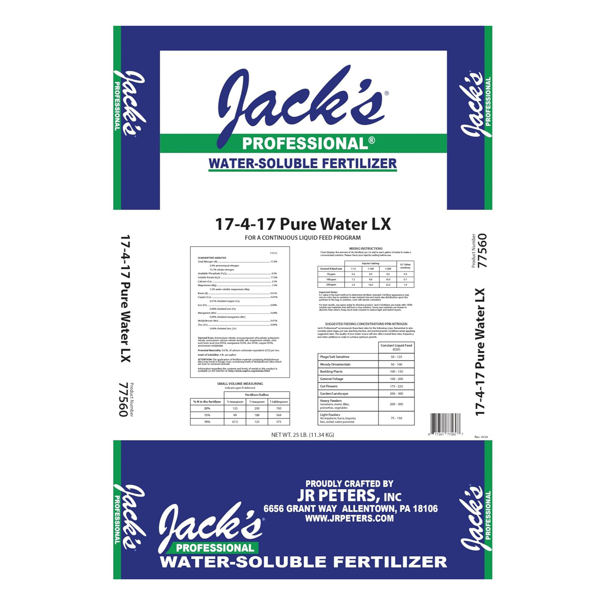 Jack’s Professional 17-4-17 Pure Water LX Water-Soluble Fertilizer, 25lbs
