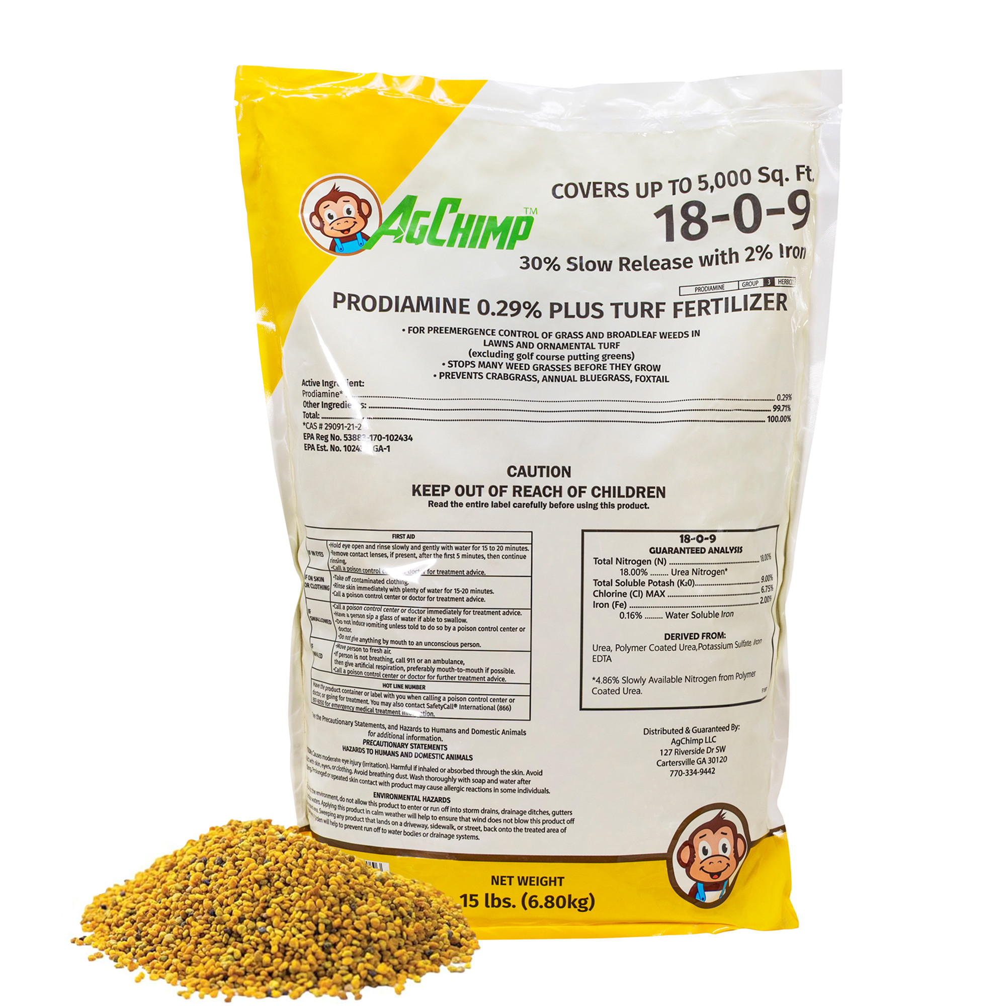 AgChimp 18-0-9 Prodiamine Pre-Emergent Herbicide Plus Turf Fertilizer, 15lbs