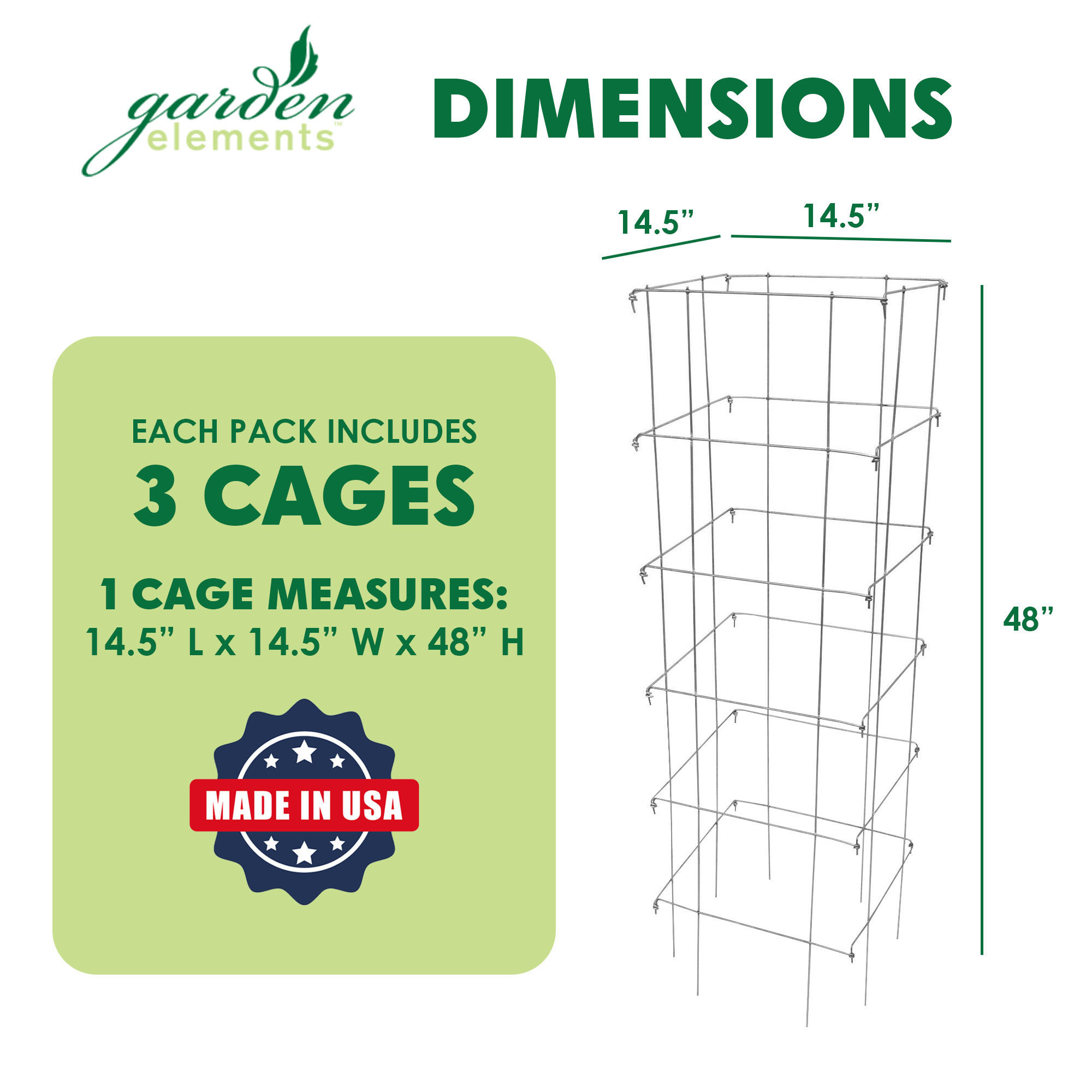 Garden Elements Square 8-Leg Heavy-Duty Collapsible Tomato Cages, 48in (Pack of 3)