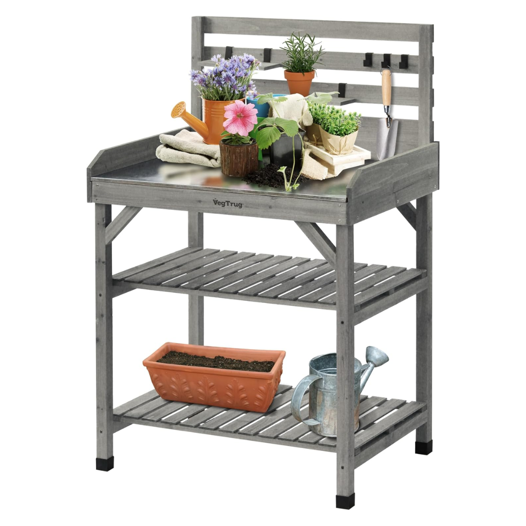 VegTrug Cedar Potting Table for Everyday Gardening, Grey Wash