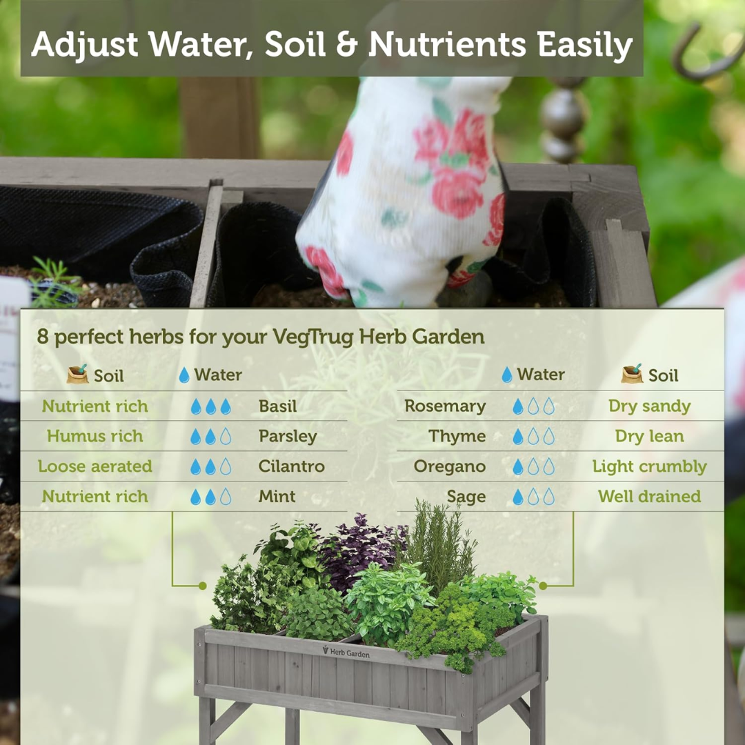 VegTrug Herb Garden Cedar Wood 8 Pocket Planter Box, Grey Wash