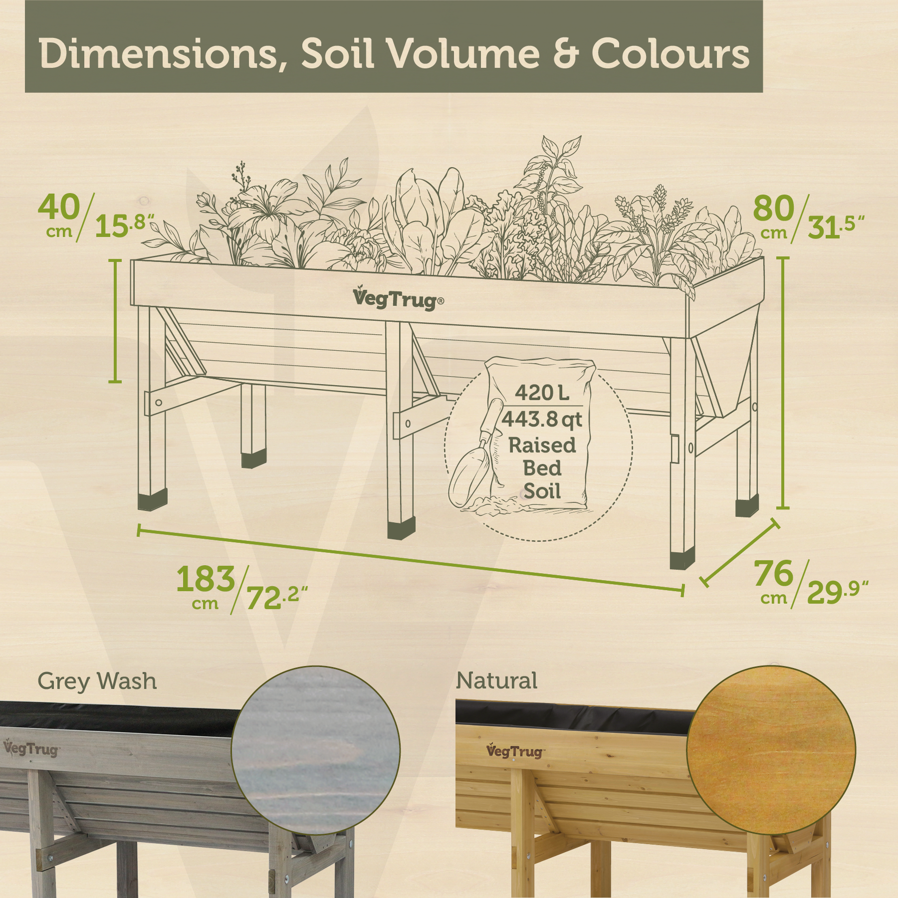 VegTrug Classic Raised Bed Cedar Wood Planter, Grey Wash, Medium 1.8m
