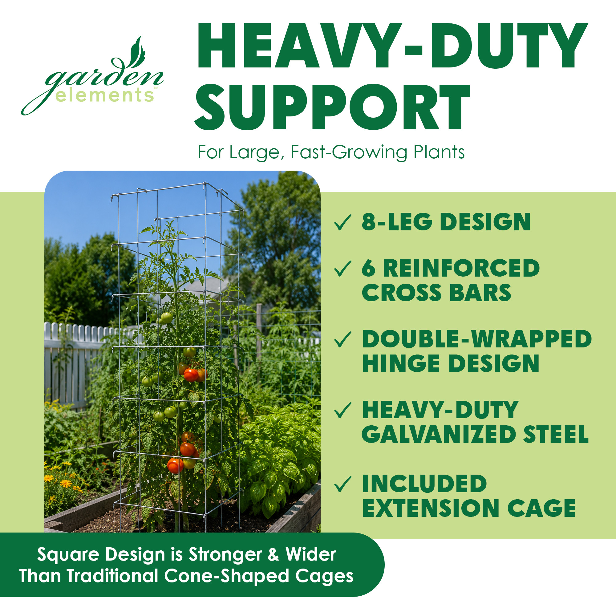 Garden Elements Square 8-Leg Heavy-Duty Collapsible Tomato Cages, 67in (Pack of 2)