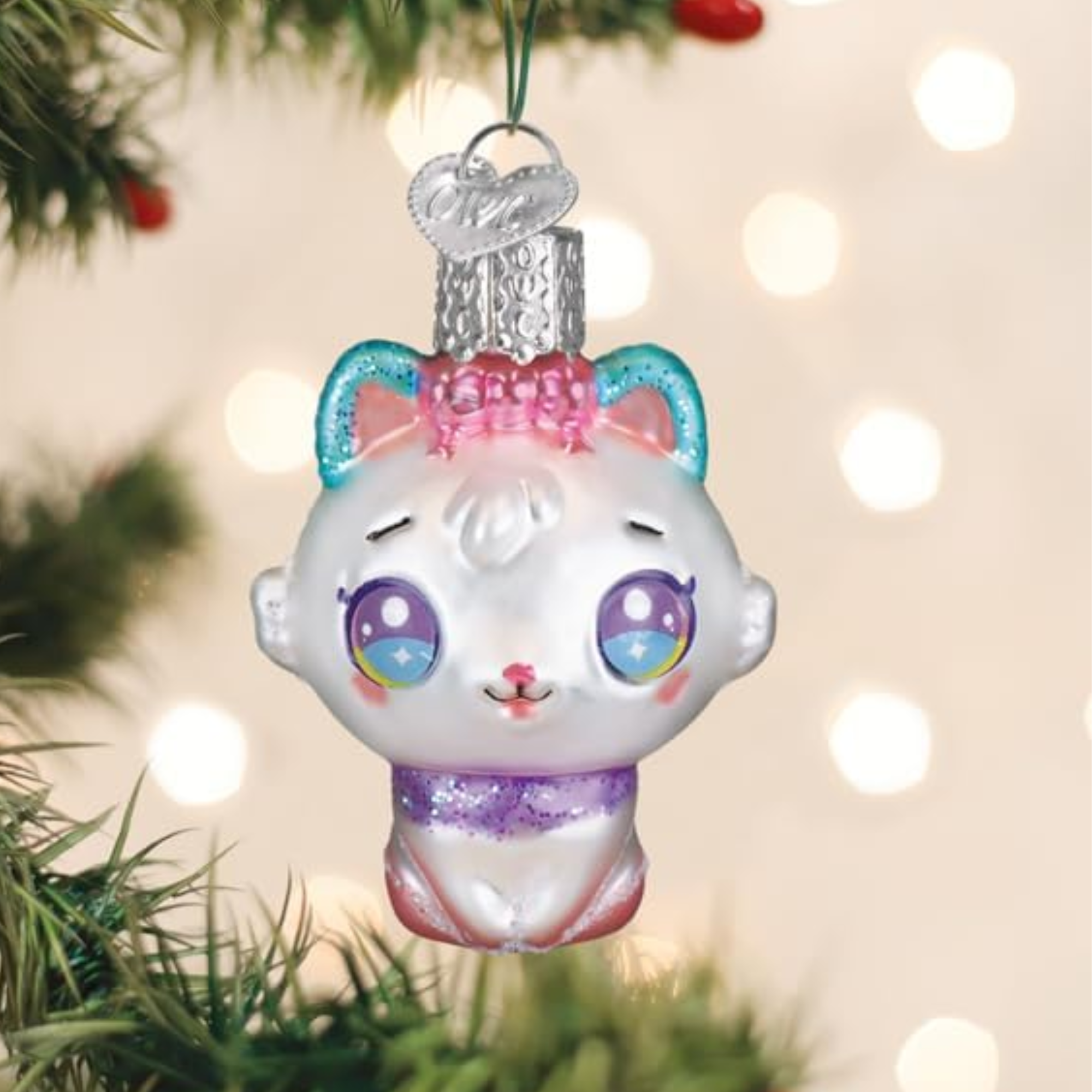 Old World Christmas, Gumdrop Collection, Mini Kawaii Cat Glass Ornament, 2in