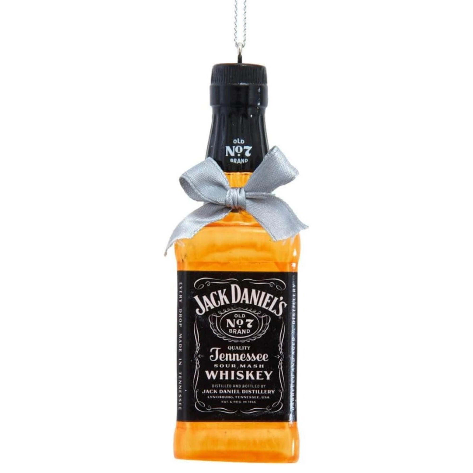 Kurt Adler Jack Daniels Bottle with Silver Bow Ornament, 4in
