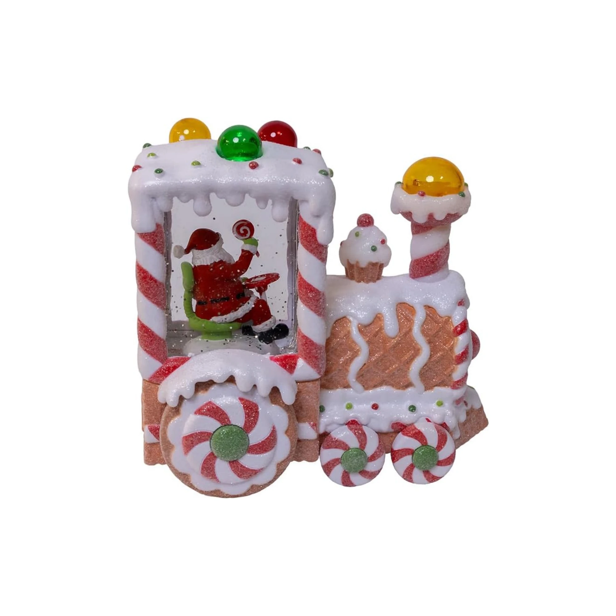 Kurt Adler Light Up Gingerbread Santa Train with Spinning Glitter, 7in