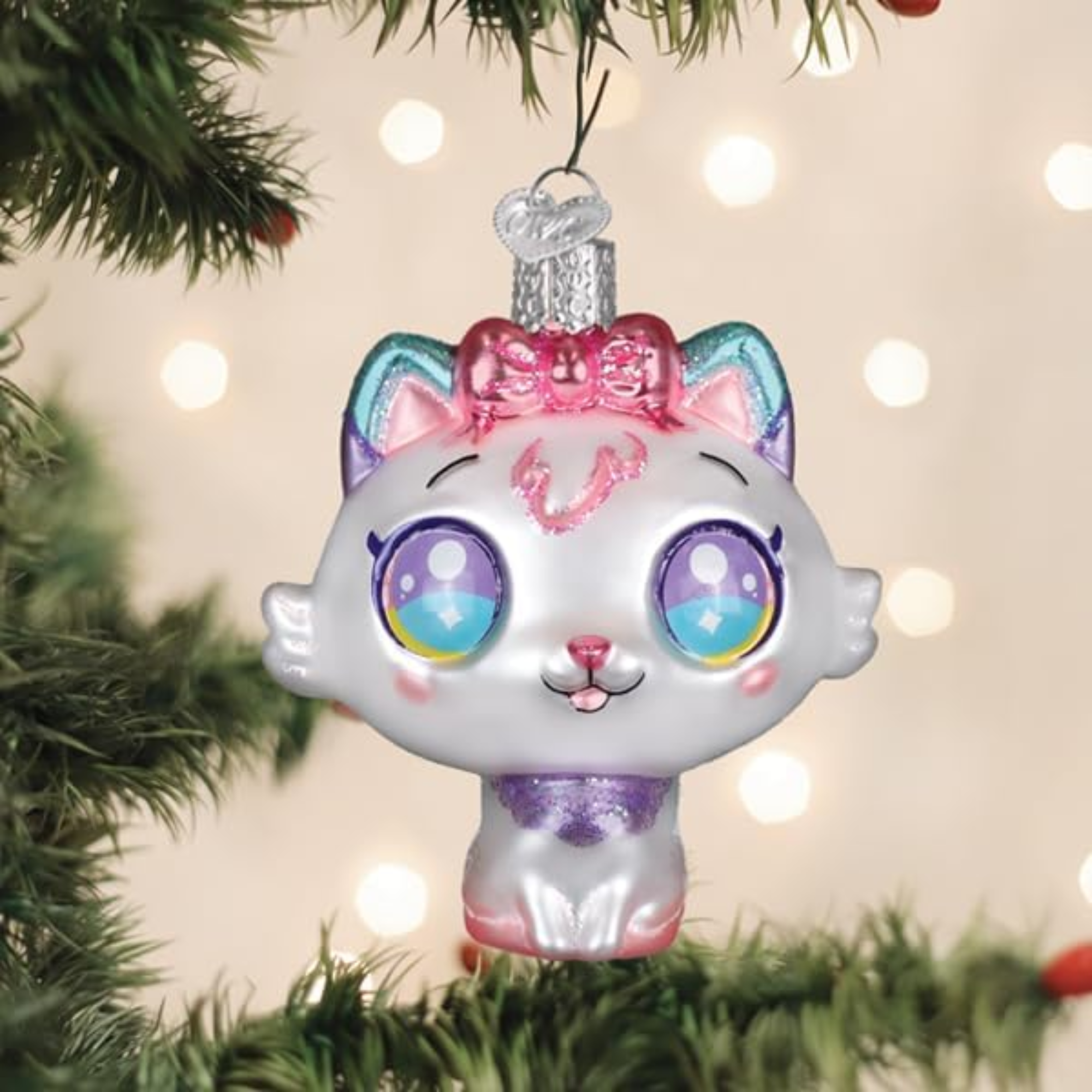 Old World Christmas Blown Glass Ornament for Christmas Tree, Kawaii Cat