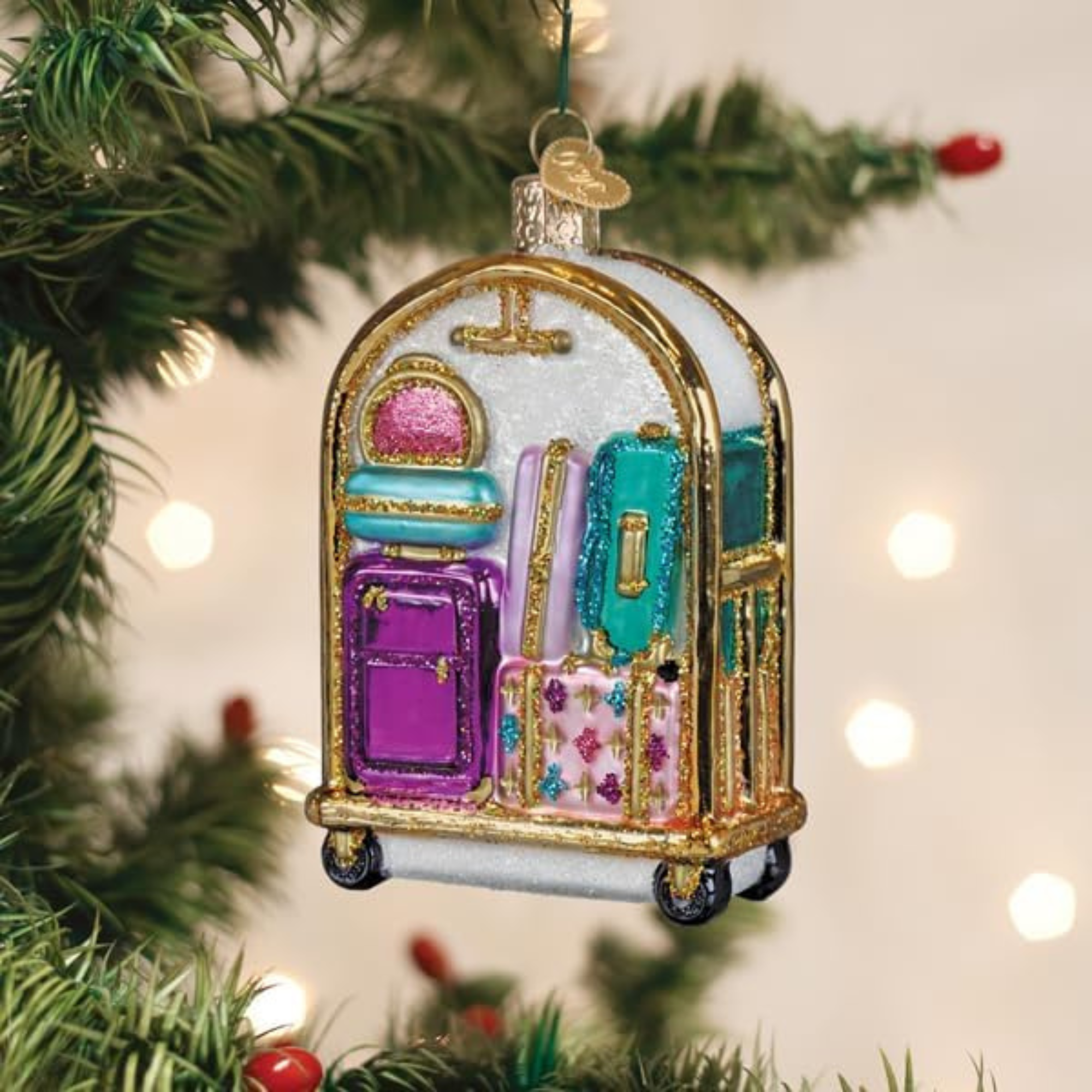 Old World Christmas Blown Glass Tree Ornament, Hotel Luggage Cart