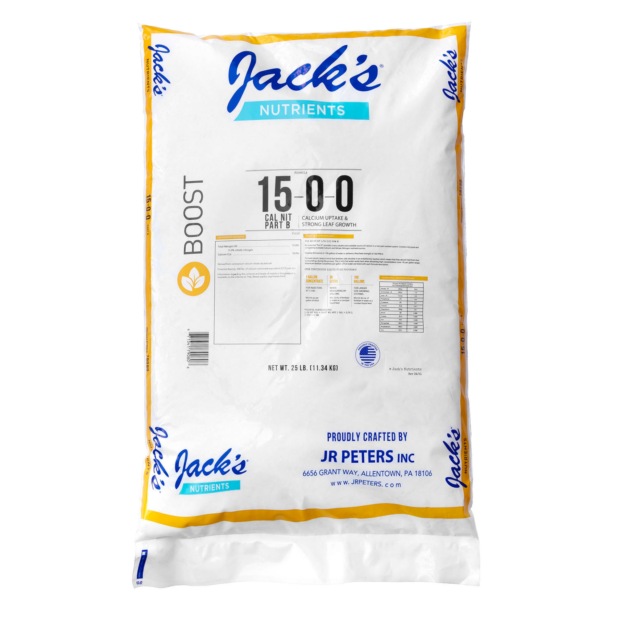 Jack's Nutrients 15-0-0 Part B Calcium Nitrate Water-Soluble Fertilizer for Calcium Uptake and Strong Leaf Growth in Continuous Liquid Feed Programs, 25lbs