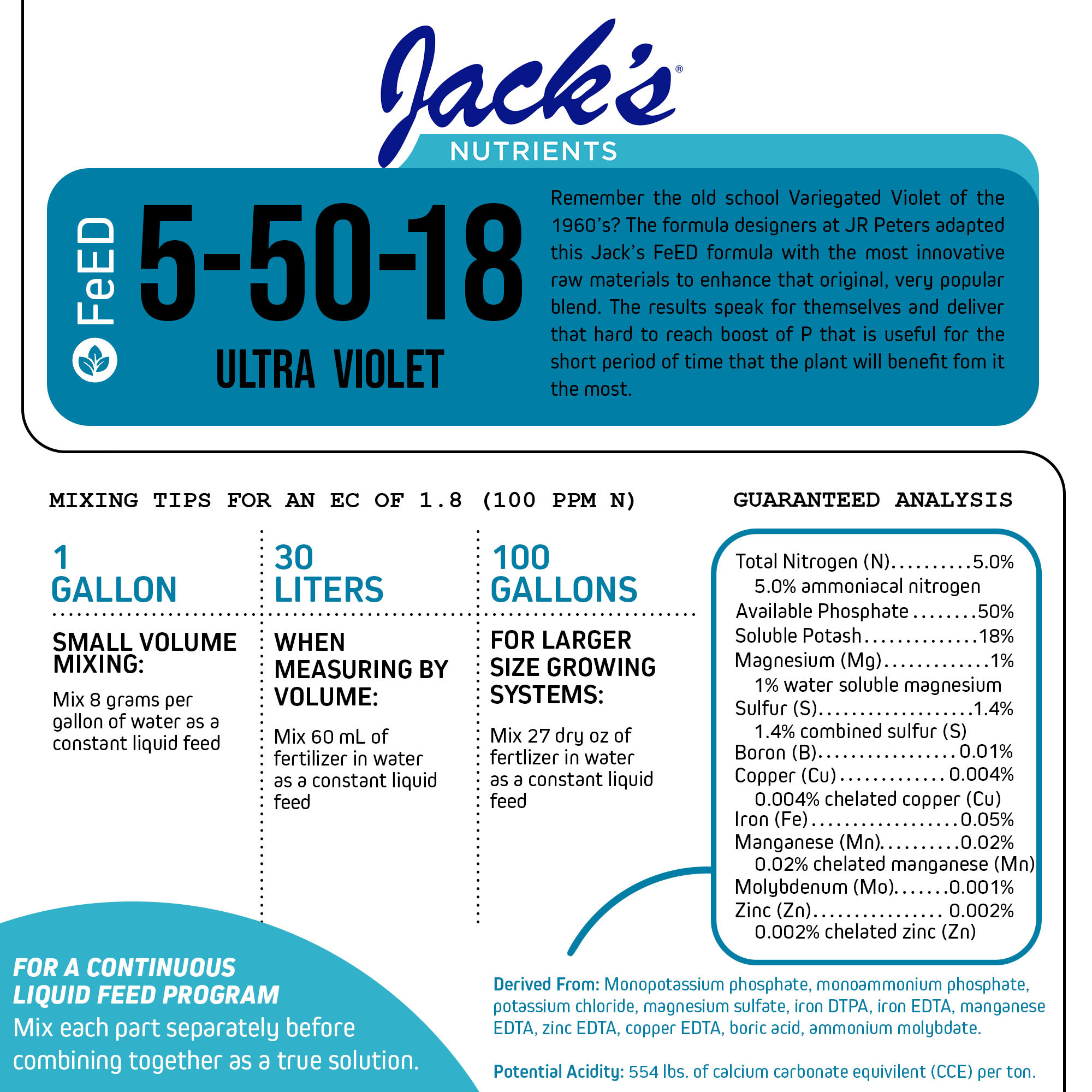 Jack's Nutrients 5-50-18 UltraViolet Water-Soluble Fertilizer for Bud Set and Enhanced Flower Production in Continuous Liquid Feed Program, 2.2lbs