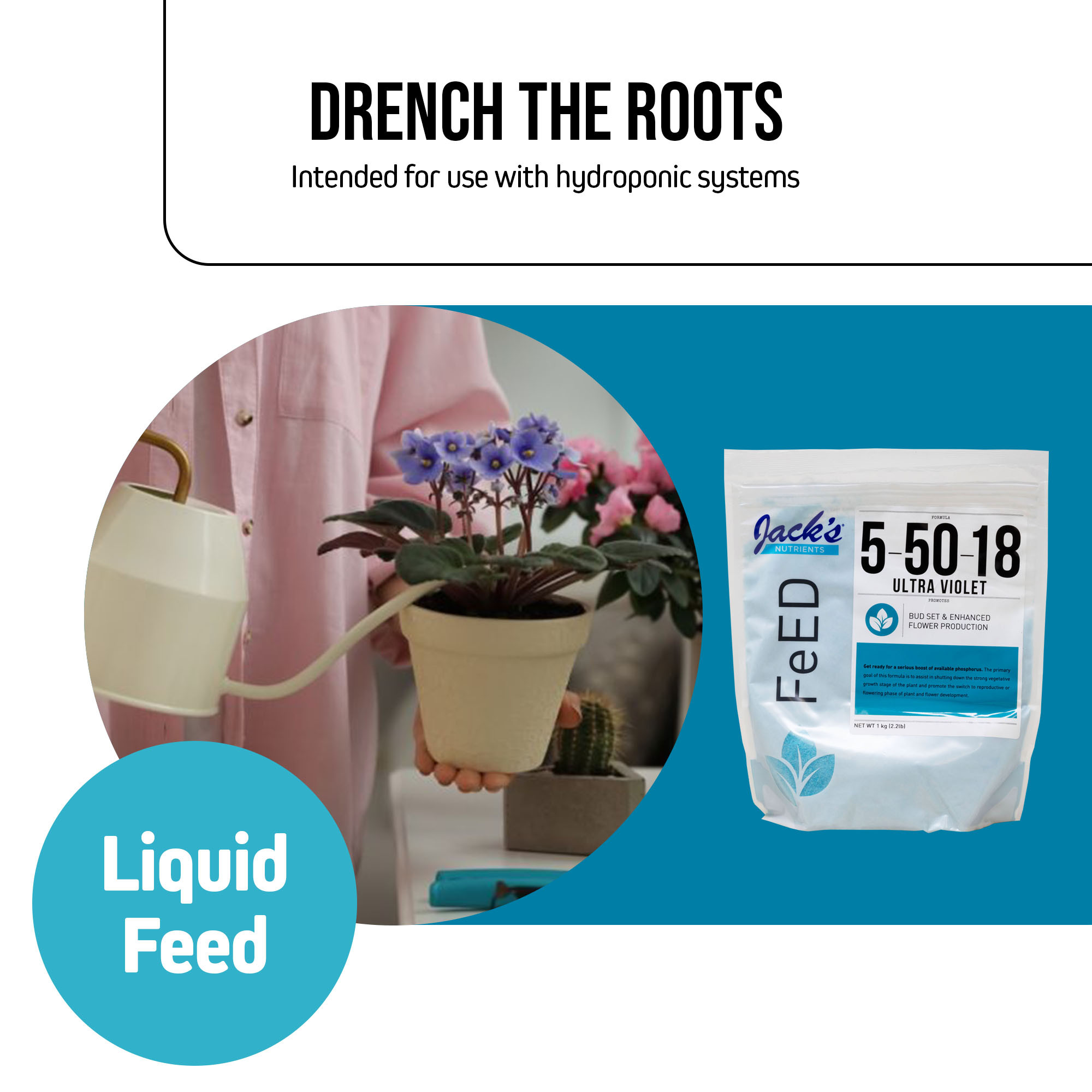 Jack's Nutrients 5-50-18 UltraViolet Water-Soluble Fertilizer for Bud Set and Enhanced Flower Production in Continuous Liquid Feed Program, 2.2lbs